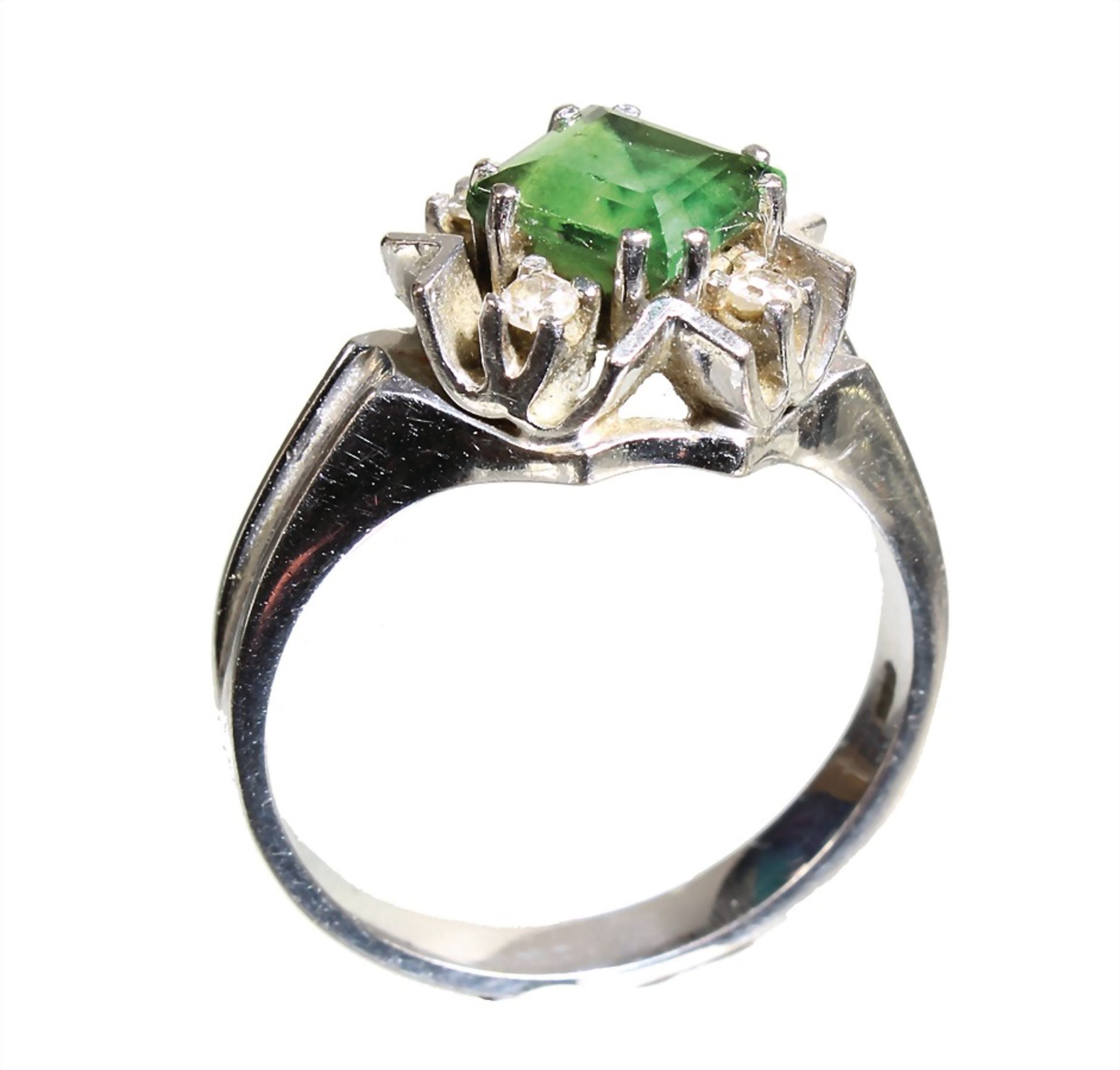 ring, white gold 585/000, tourmaline with carré cut c. 1.2 ct, 4 diamonds white, ring width c. - Bild 2 aus 2