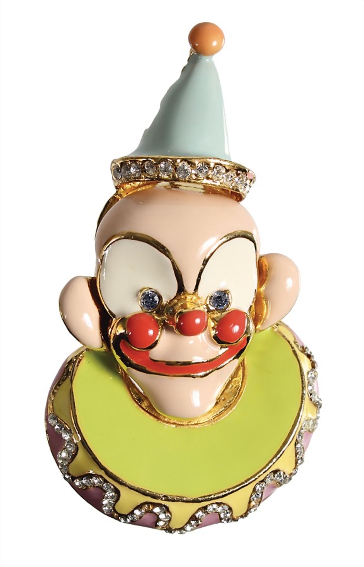 brooch, "CLOWN", gold colored, unsigned, colorful enamel, plastic formed, clear rhinestone, height =