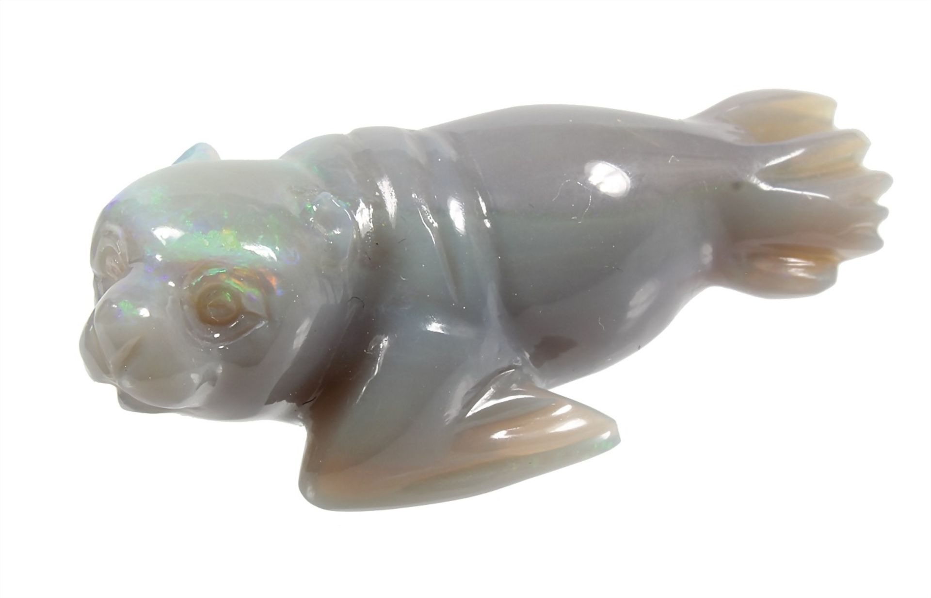 small plastic: seal, plastic engraved opal, c. 42.7 x 17.5 x 14.7 mm, total 8.8 g (44.0 ct)