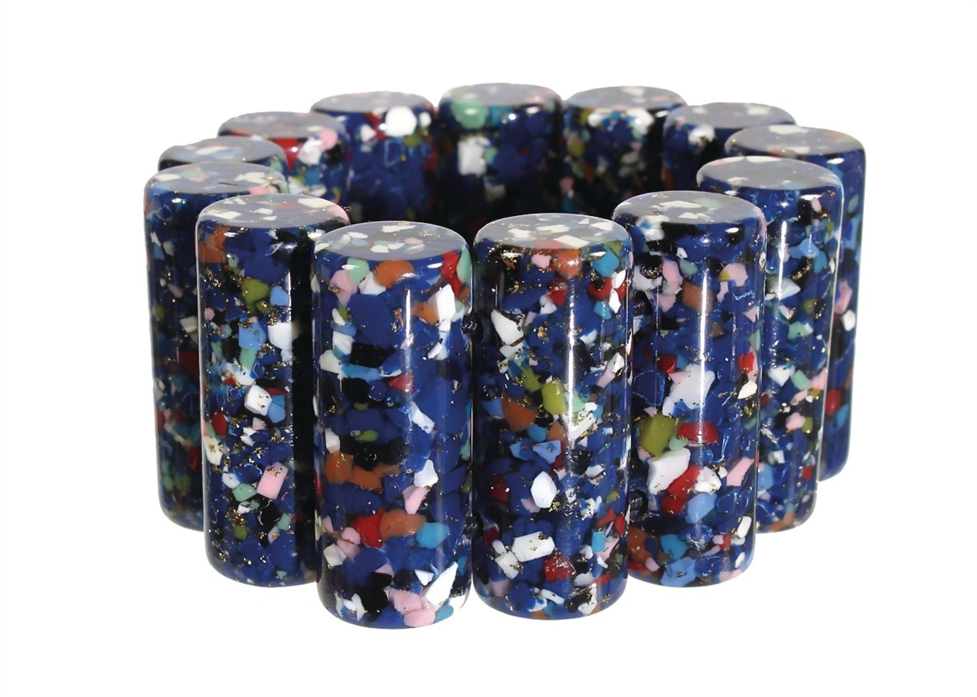 bracelet, "VINTAGE" (Italy ?), speckled colored plastic cylinders, diameter = 16.5 mm, width = 40.