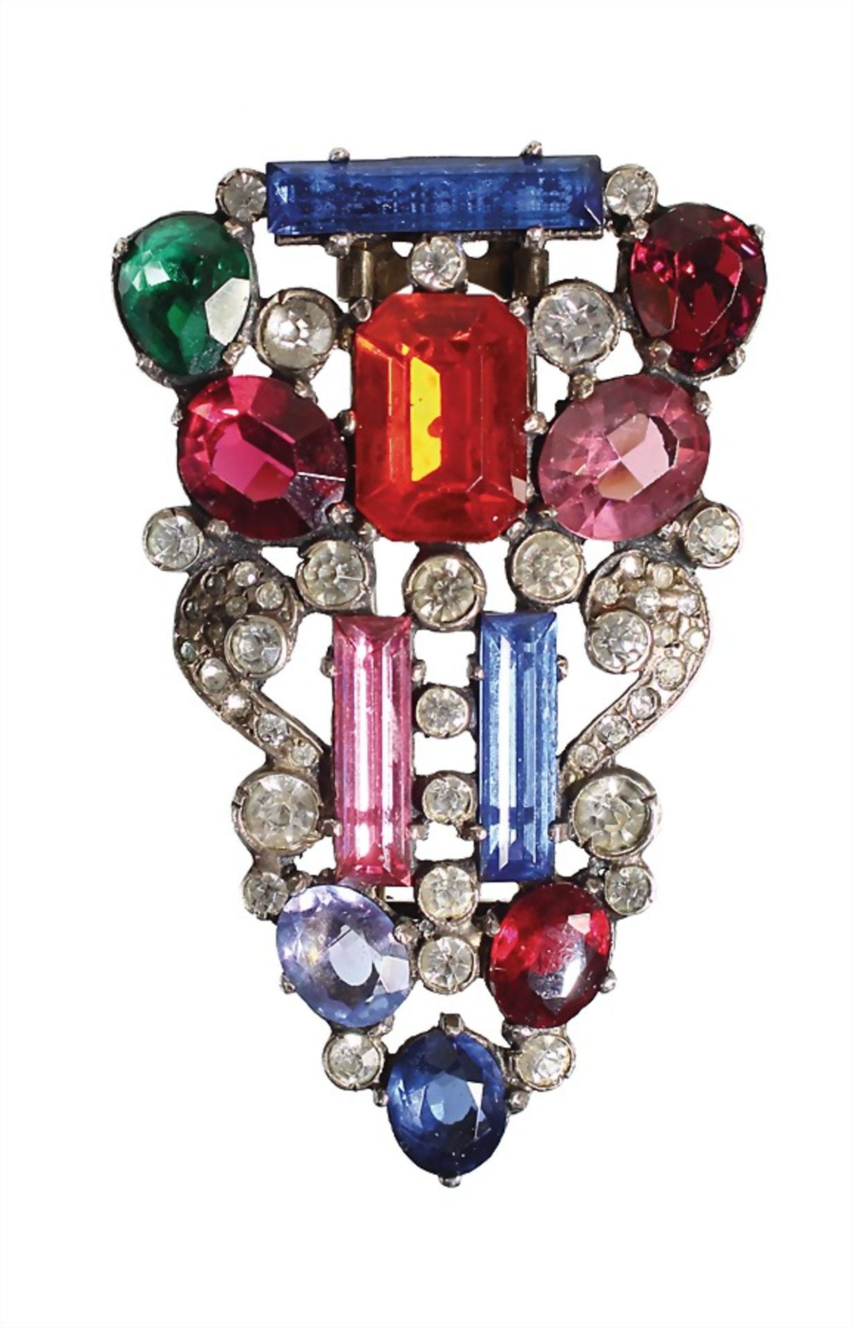 brooch, silver 925/000 (hallmarked: STERLING), unsigned, colorful rhinestones with mainly red,
