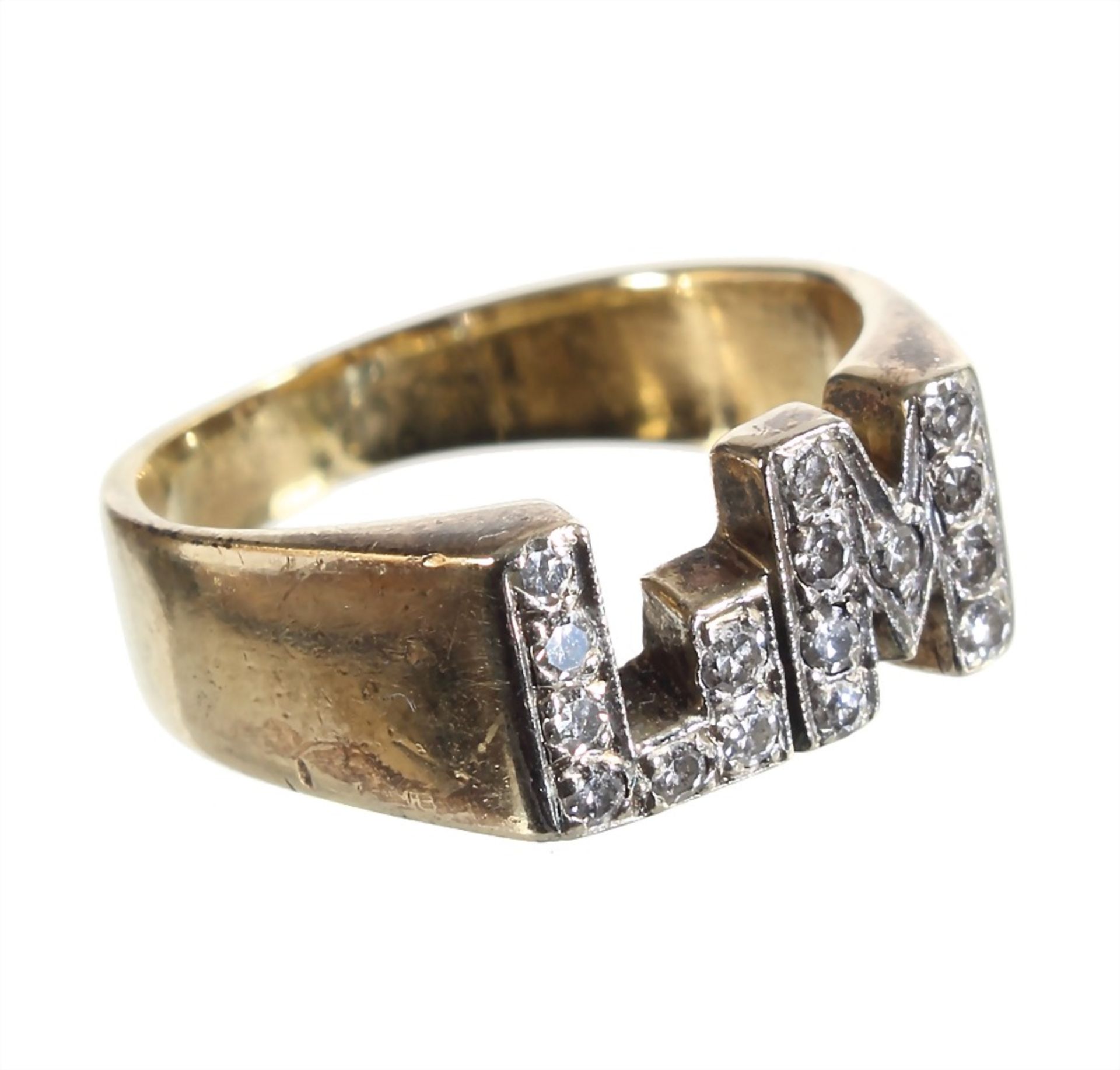 ring with monogram letters: "LW", yelow gold 585/000, 16 pieces 8/8 diamonds white, ring width c.