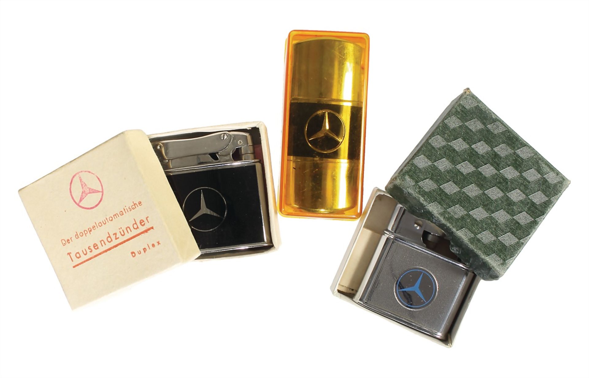 lot: 3 old fuel cigarette lighters by "MERCEDES BENZ" with Mercedes Benz star, among others