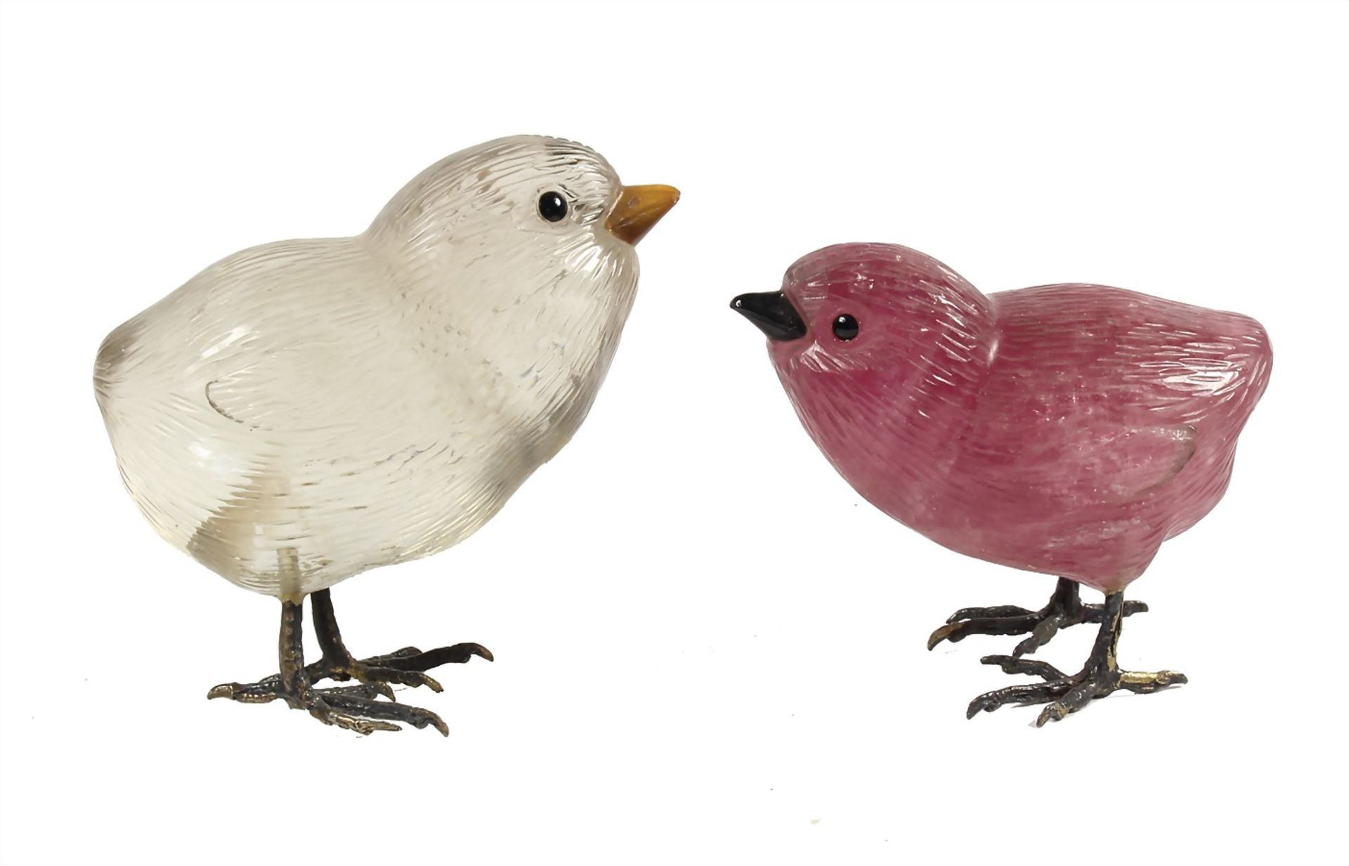 2 chicks, feet made of silver (checked), 1 chick, engraved pink tourmaline, eyes and mouth piece