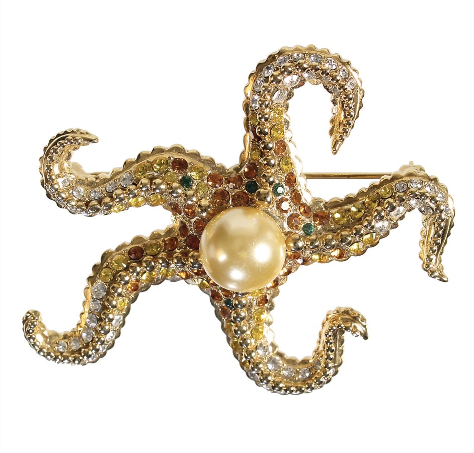 decorative brooch, stylized octopus, gold colored, unsigned, plastic formed, luxuriant studded