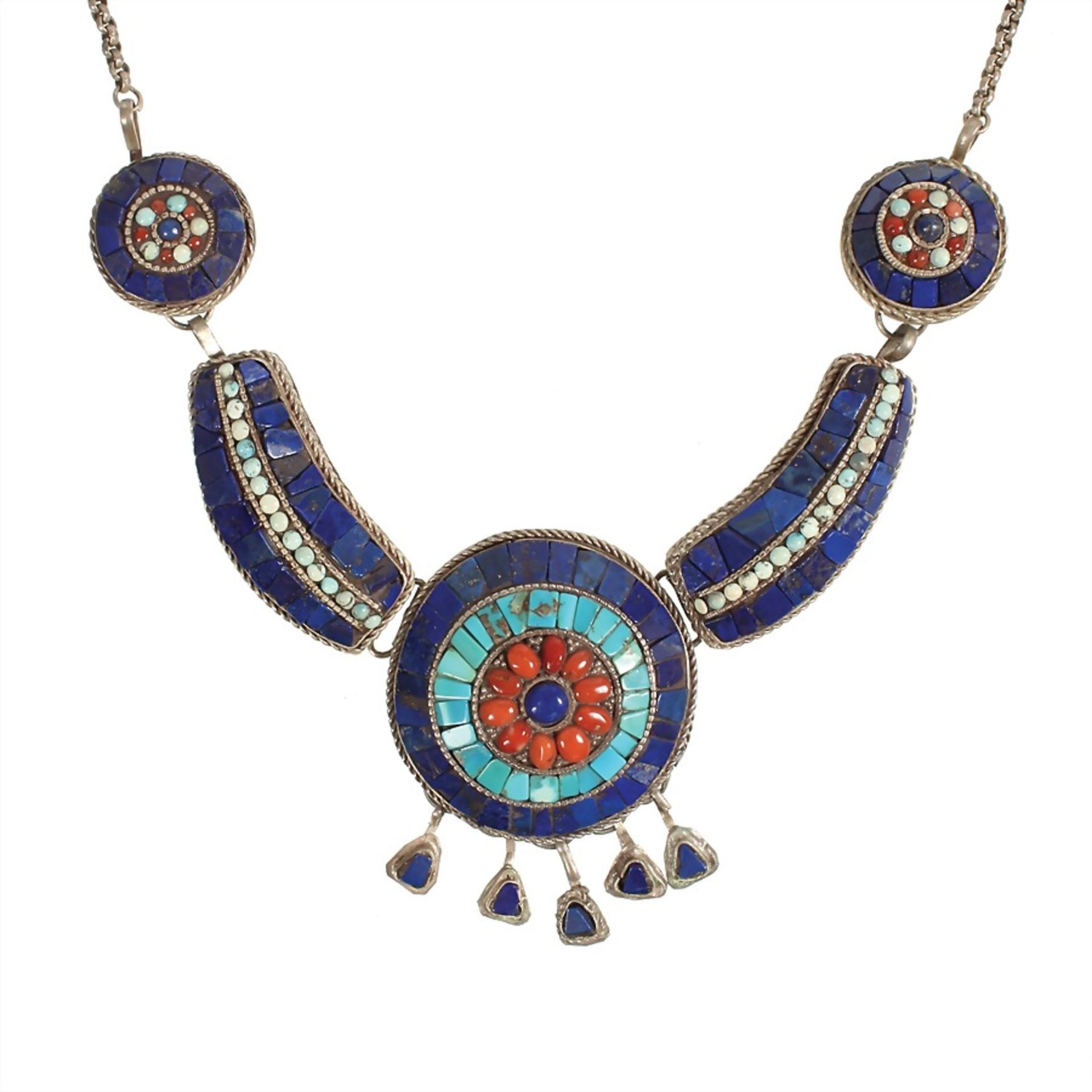 necklace, silver (checked), decorative inlaid work with lapis lazuli and turquoises, circle in the