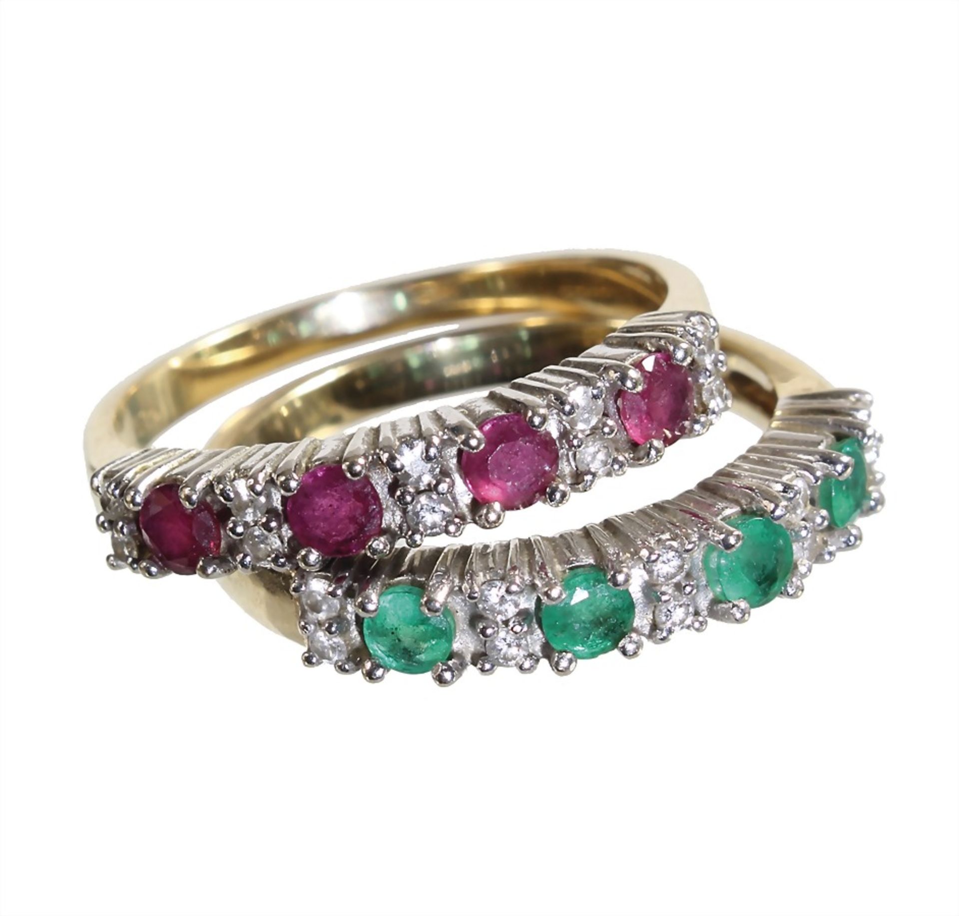 lot: rings, classic, yelow gold/white gold 585/000, always 4 rubies c. 0.38 ct and 4 emeralds c. 0.