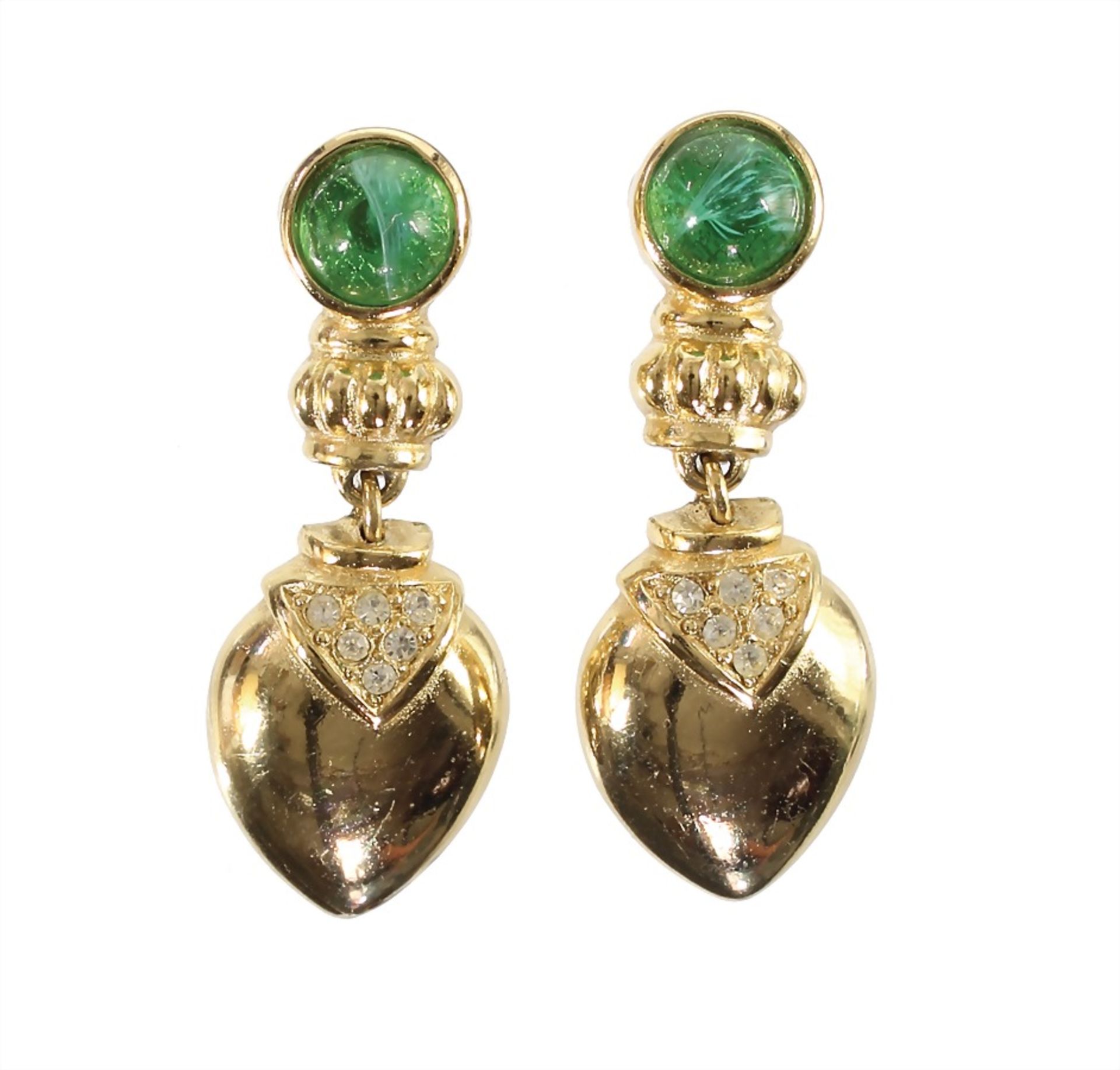 ear clips, "C. DIOR", metal gilded signed Chr. Dior GERMANY, green glass stone, hanging drop, with