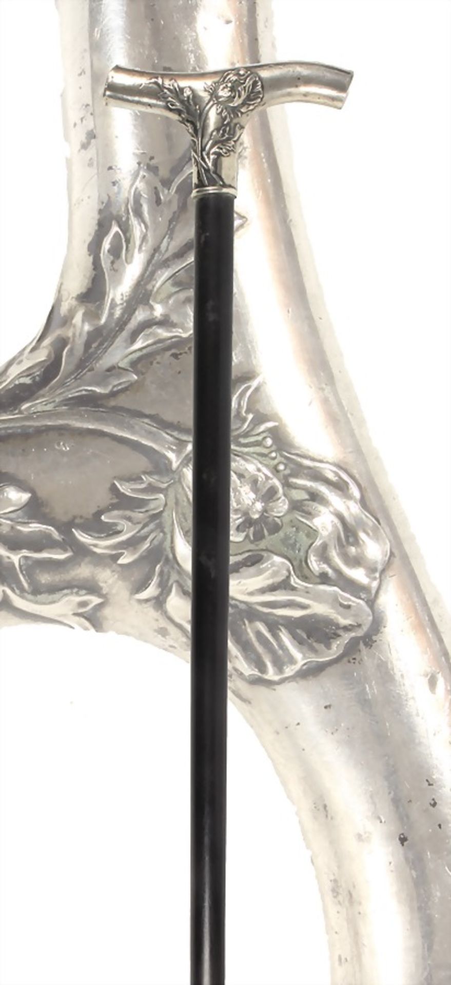 stick "JUGENDSTIL" around 1900, so-called "FRITZ-KRÜCKE", silver 800/000, poppy with leaves, stained