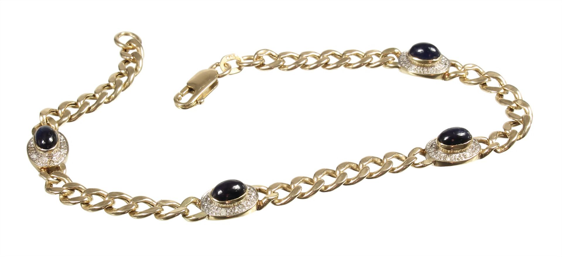 bracelet, yelow gold 585/000, 4 sapphire cabochon c. 3.2 ct, 24 pieces 8/8 diamonds (white set),