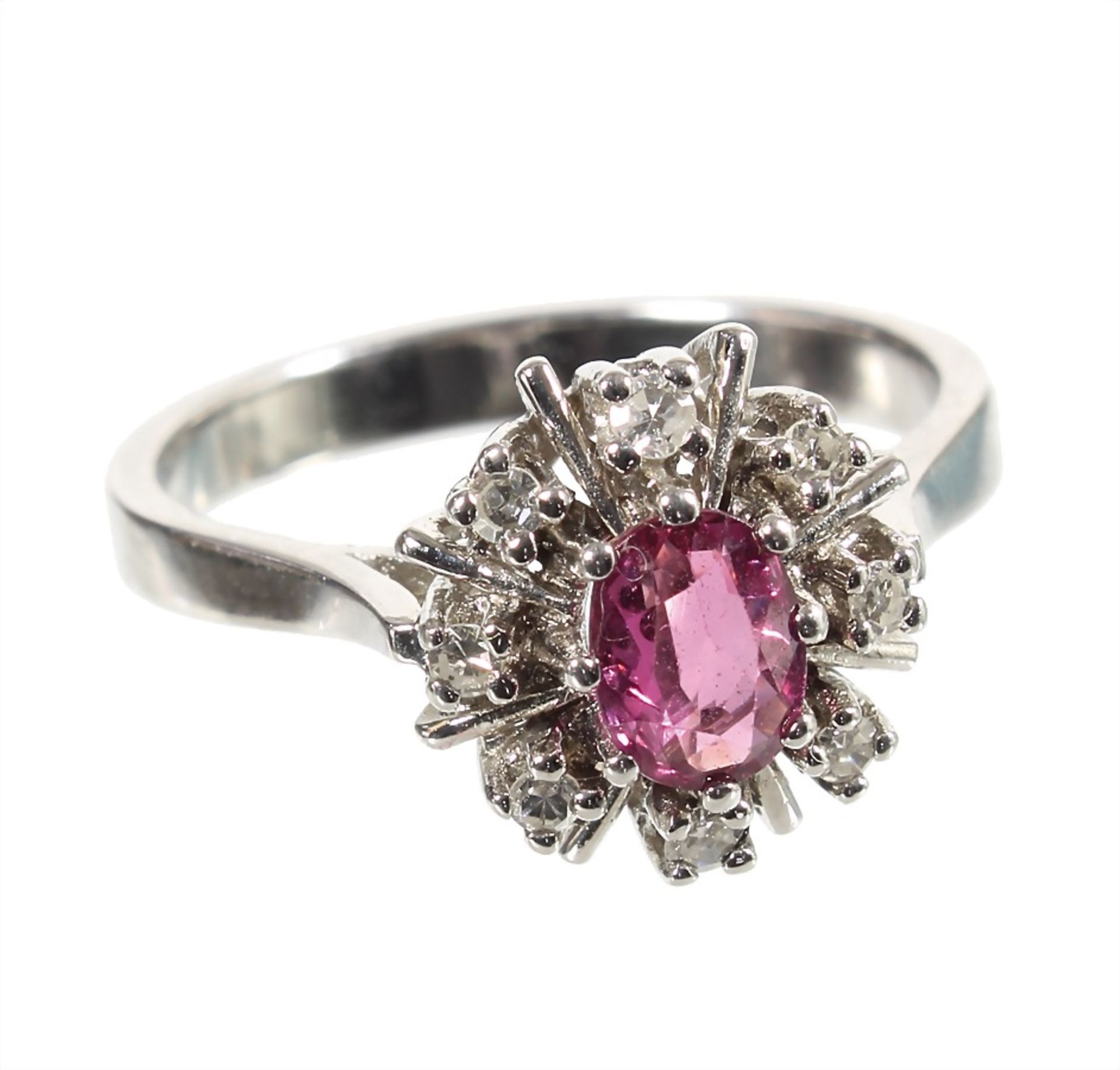 ring, white gold 585/000, 8 pieces 8/8 diamonds c. 0.16 ct white, 1 ruby c. 0.40 ct, ring width c.