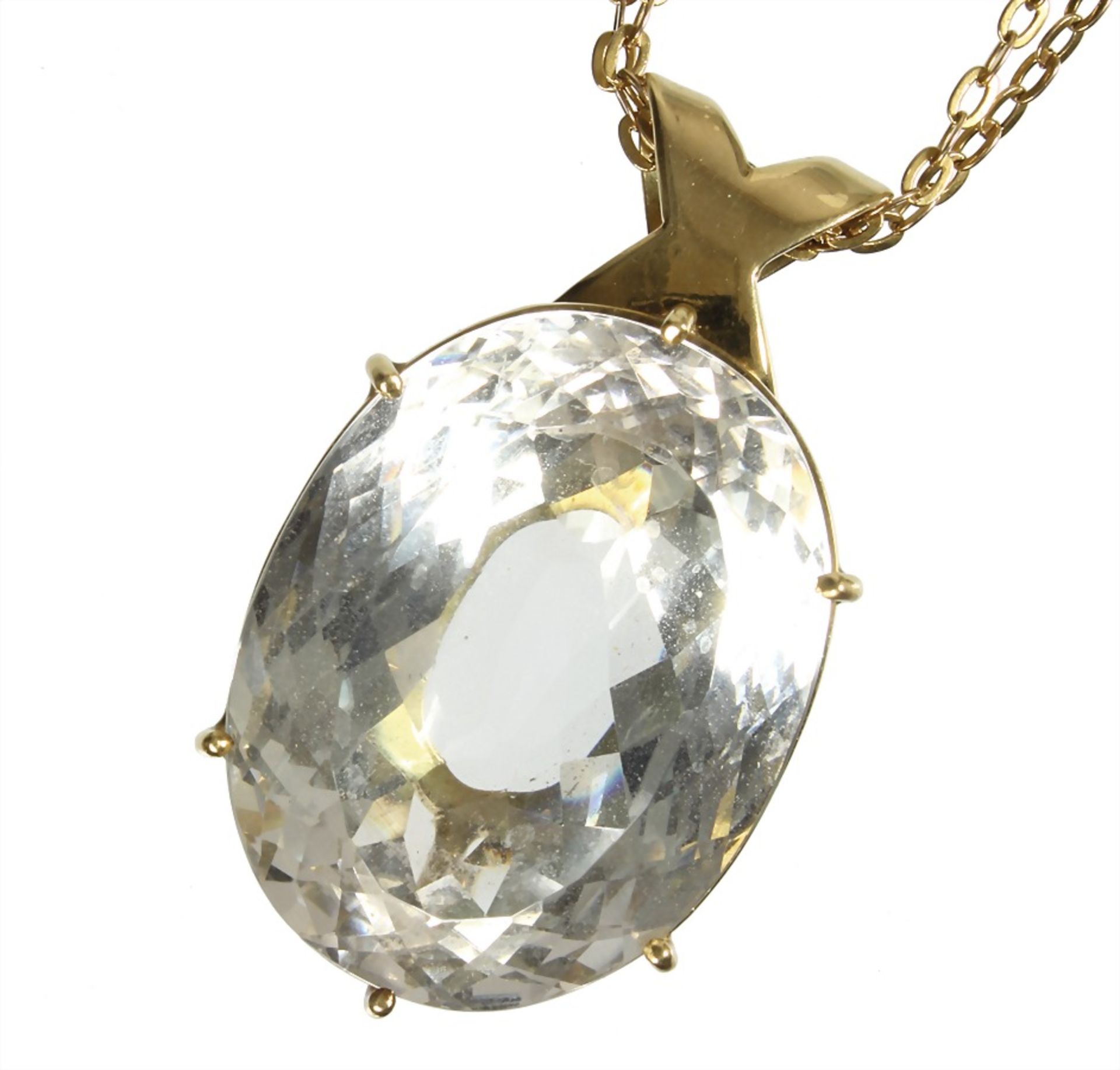 pendant, yelow gold 750/000, rock crystal (quartz) c. 33 x 25.5 mm, height = 46.0 mm, chain (twice),