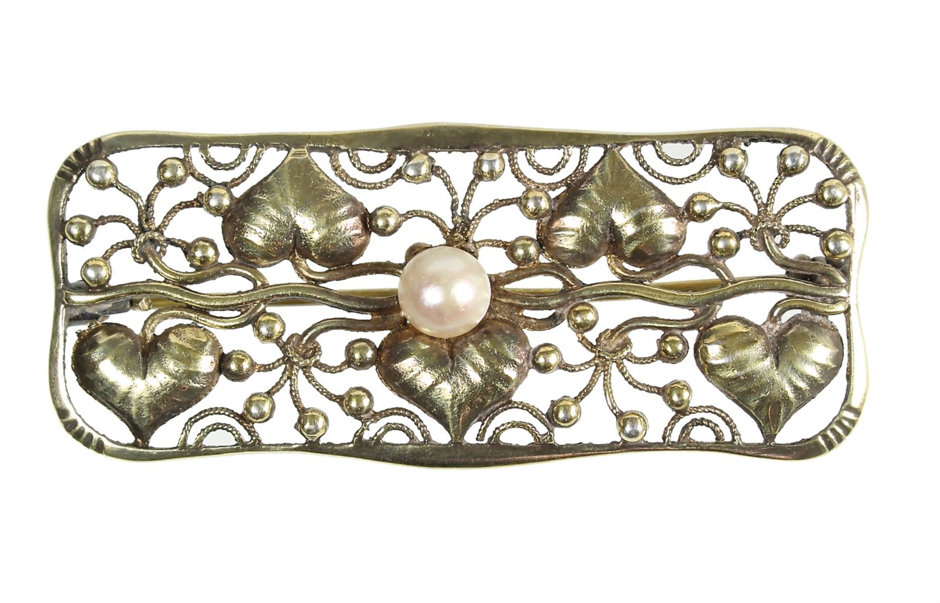 brooch, art nouveau around 1910, silver 835/000 gilded, signed Ln (LAURIN), small Akoya pearl,