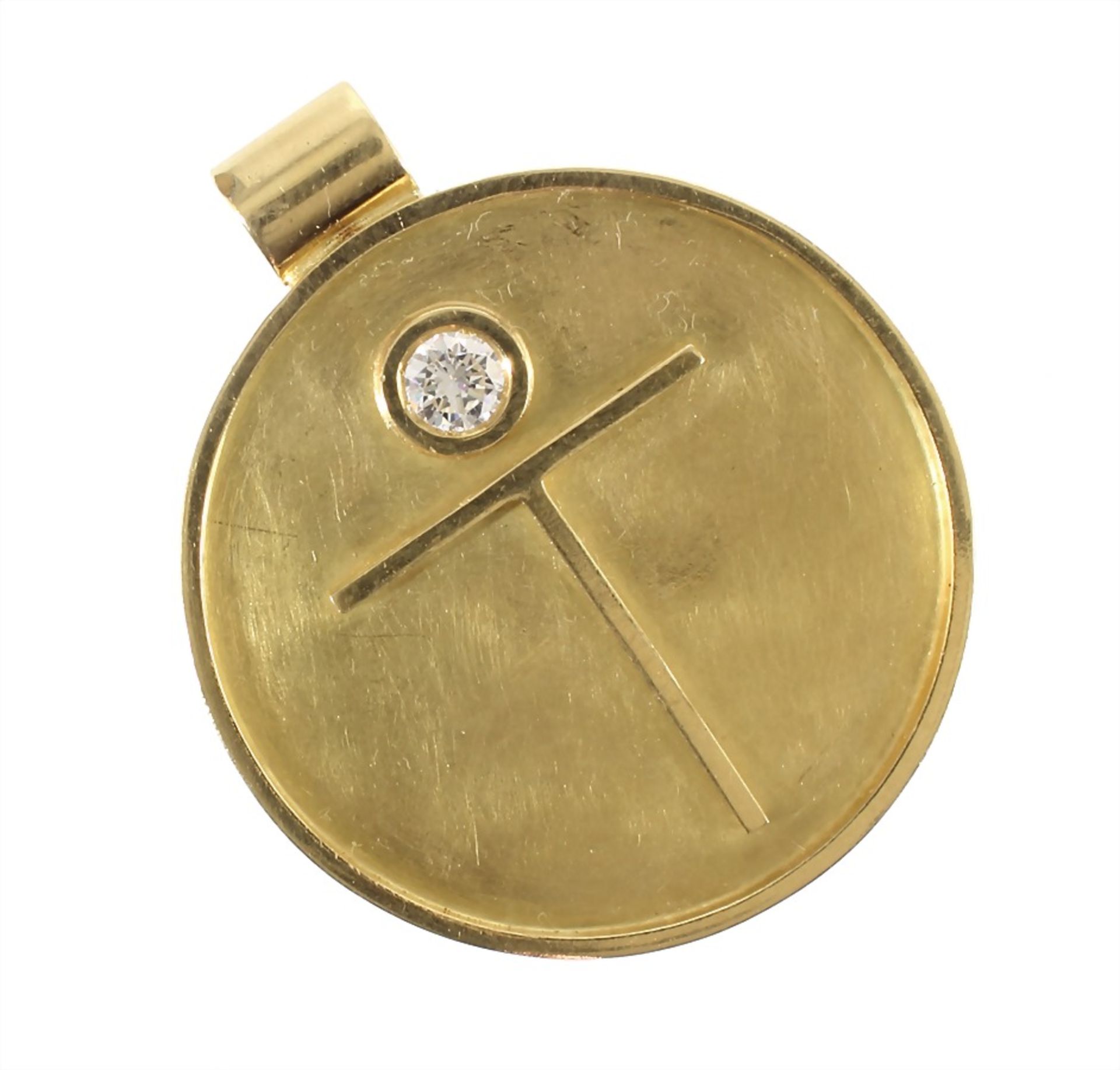 pendant "T", yelow gold 750/000, central brilliant c. 0.60 ct tw-vvsi, diameter = 39.8 mm, pierced - Bild 2 aus 2