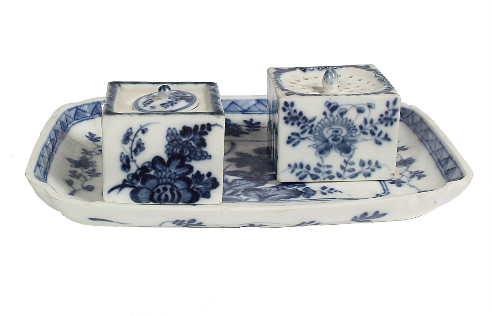 tray with spice jars, painted, signed MEISSEN (swords), tray 1850-1924 with flaked off parts 20.1