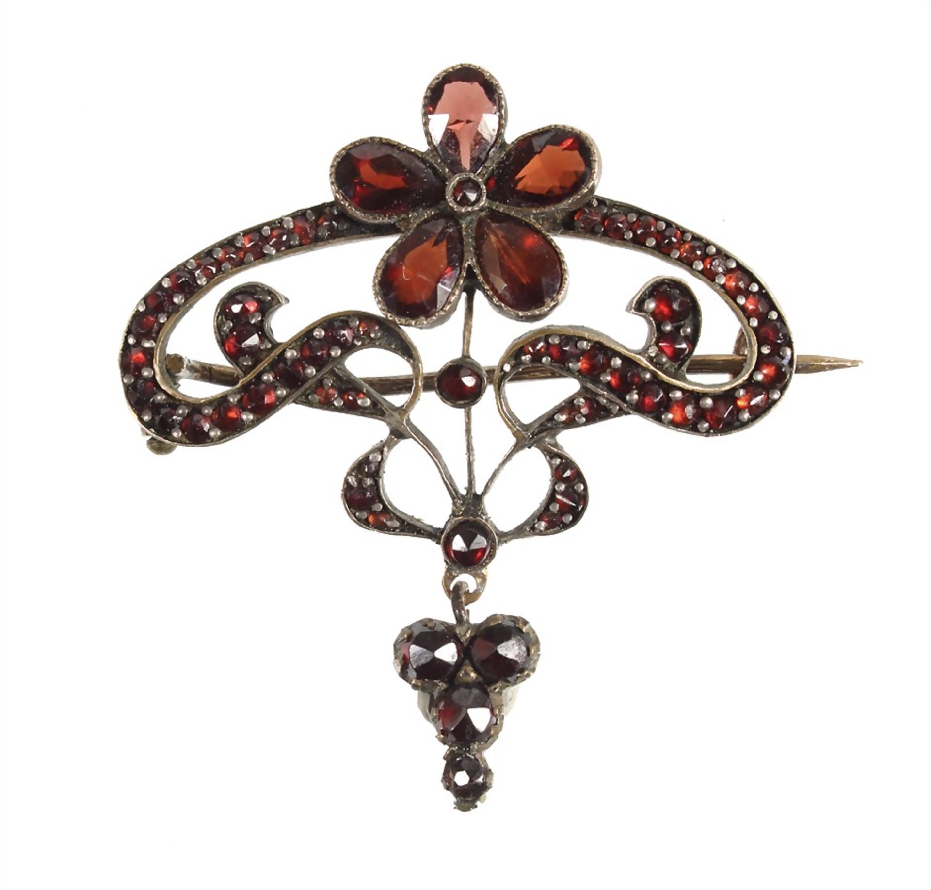 brooch art nouveau around 1900, gold filled, brooch complete paved with Bohemian garnet, a very