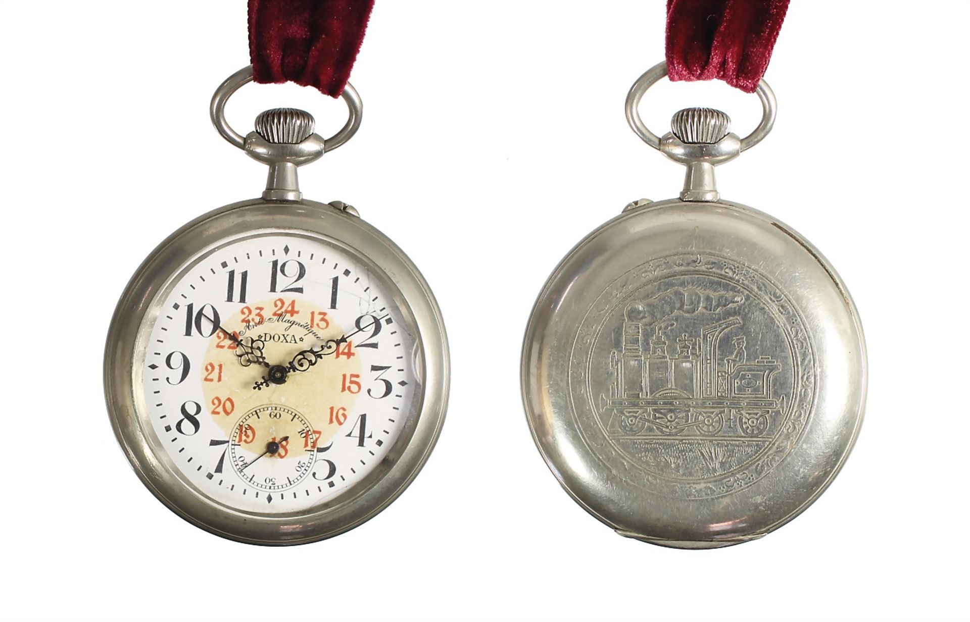 railroader clock, signed "DOXA" (metal Argentan Depose), around 1905, white enamel clockface (