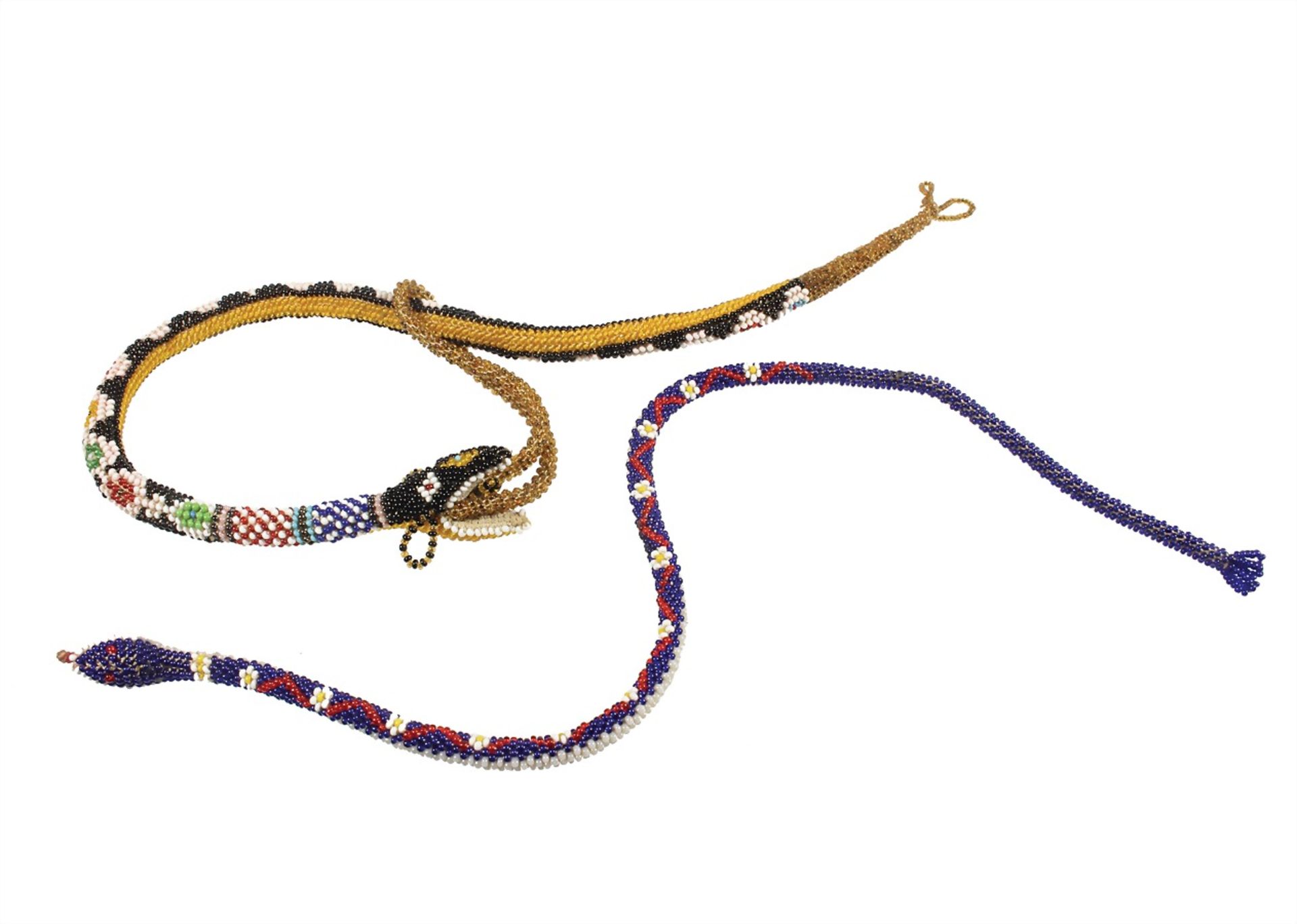 lot: two CHARLESTON-NECKLACES in the style of 1920s, two snakes , made with colorful glass beads,