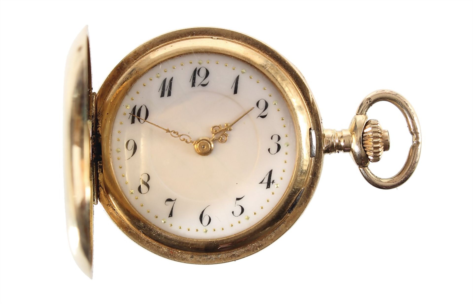 ladies fob watch around 1900, yelow gold 585/000, signed Elli, very good preserved enamel clockface,