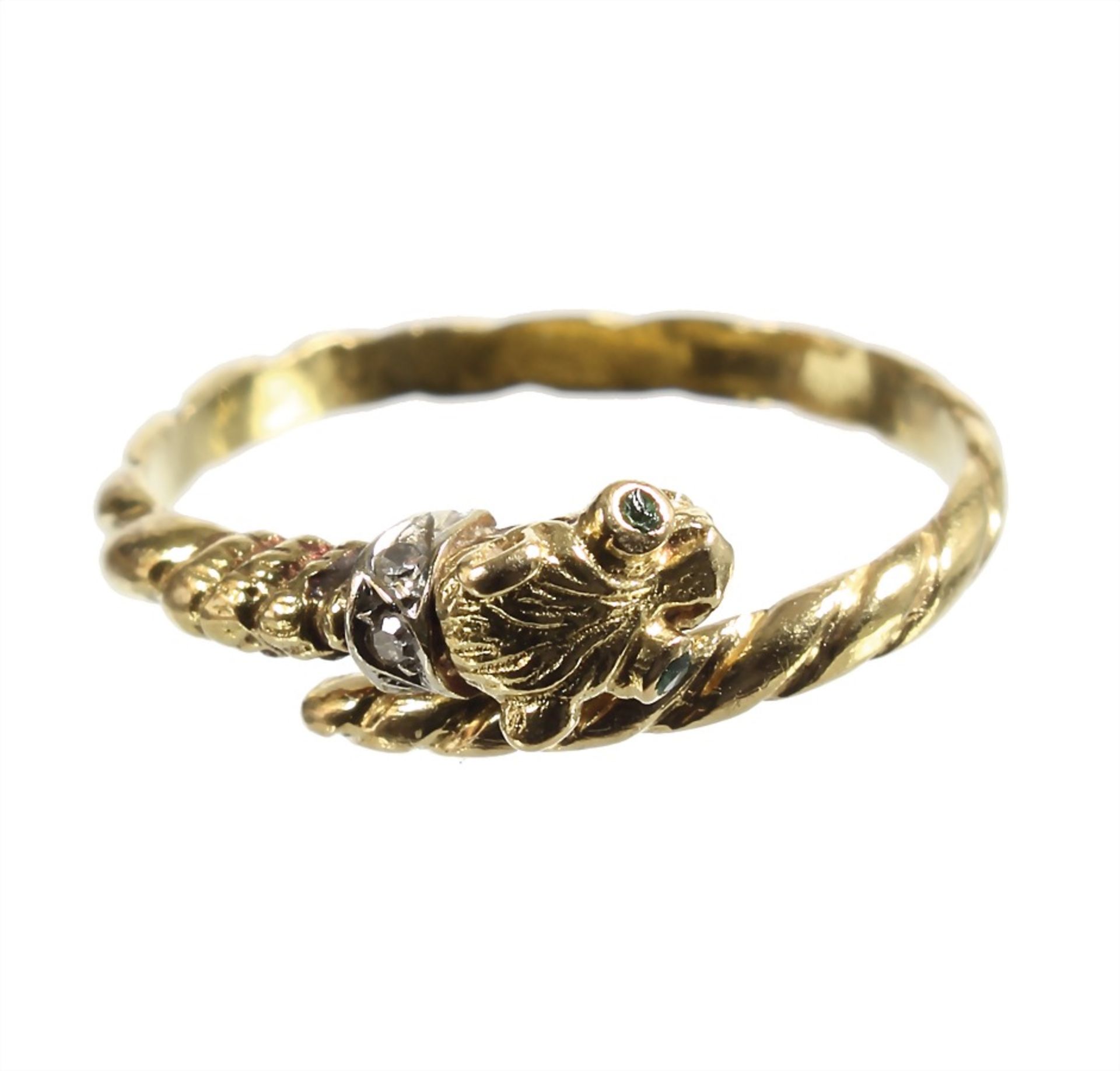 ring, lion head, yelow gold 750/000, 2 diamonds, white in collar, 2 small emeralds in the eyes, ring - Bild 2 aus 3