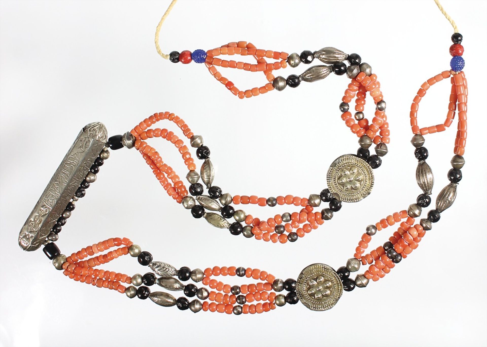 antique Nomad jewellery, Afghanistan ?, multi-row chains made of corals, silver parts and black seed
