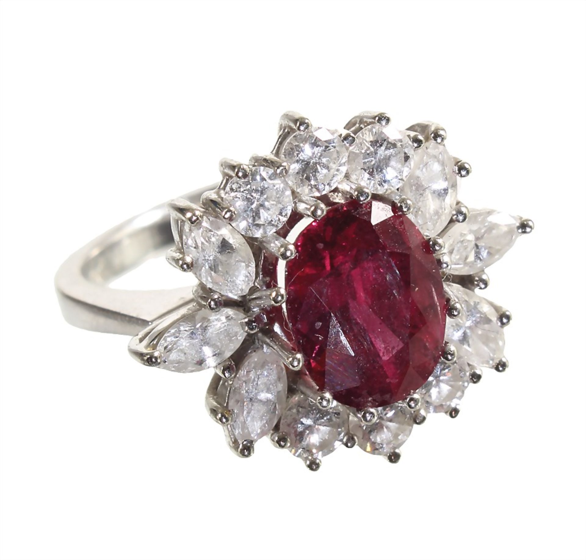 ring "SIAM" ruby !, white gold 750/000, central Siam-ruby c. 3.0 (c. 7.16 x 9.4 mm deep cut), 6