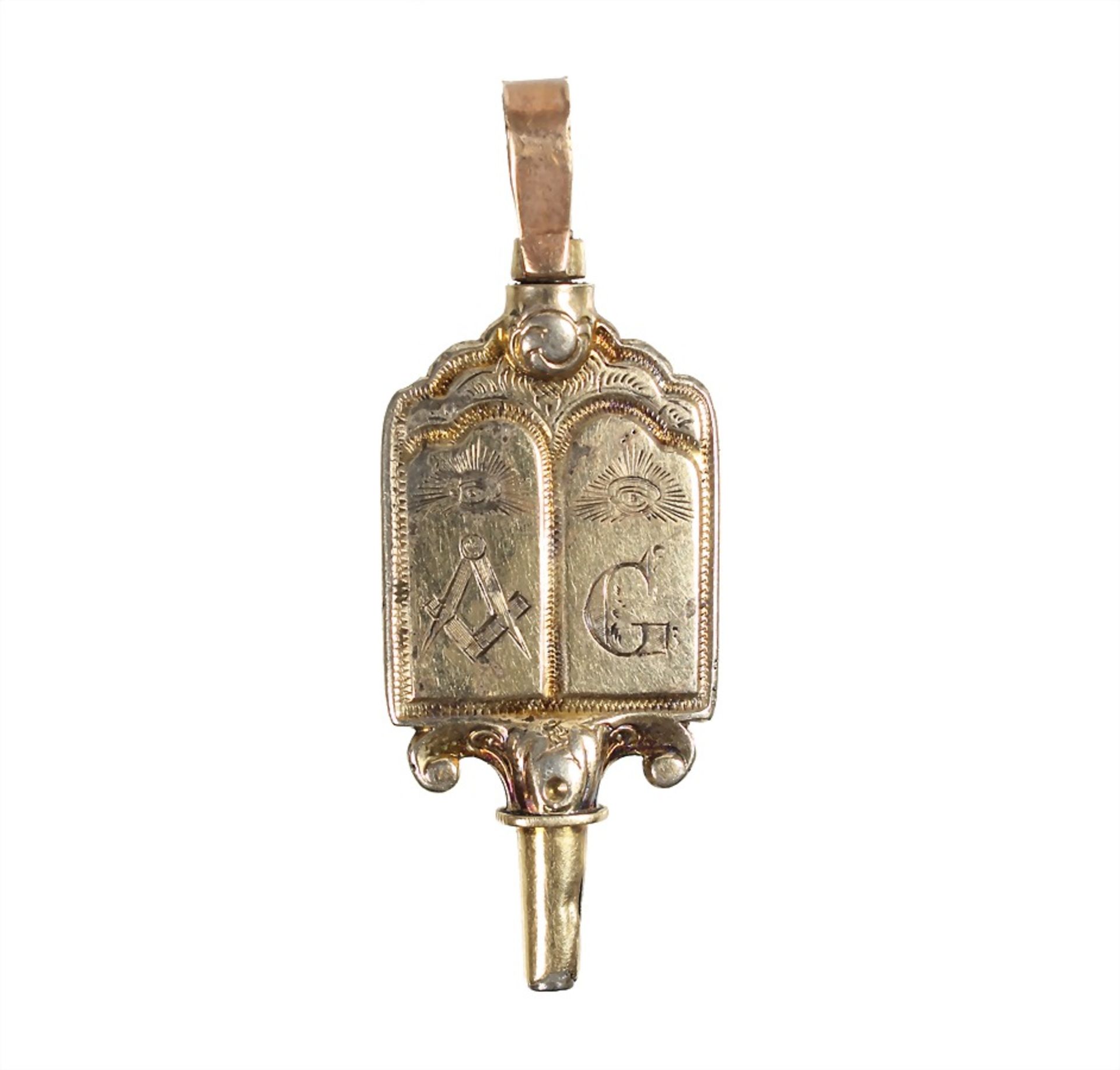 clock key, Freemason second half of the 19th century, fire-gilded, "BUCH DER WEISHEIT", Freemason