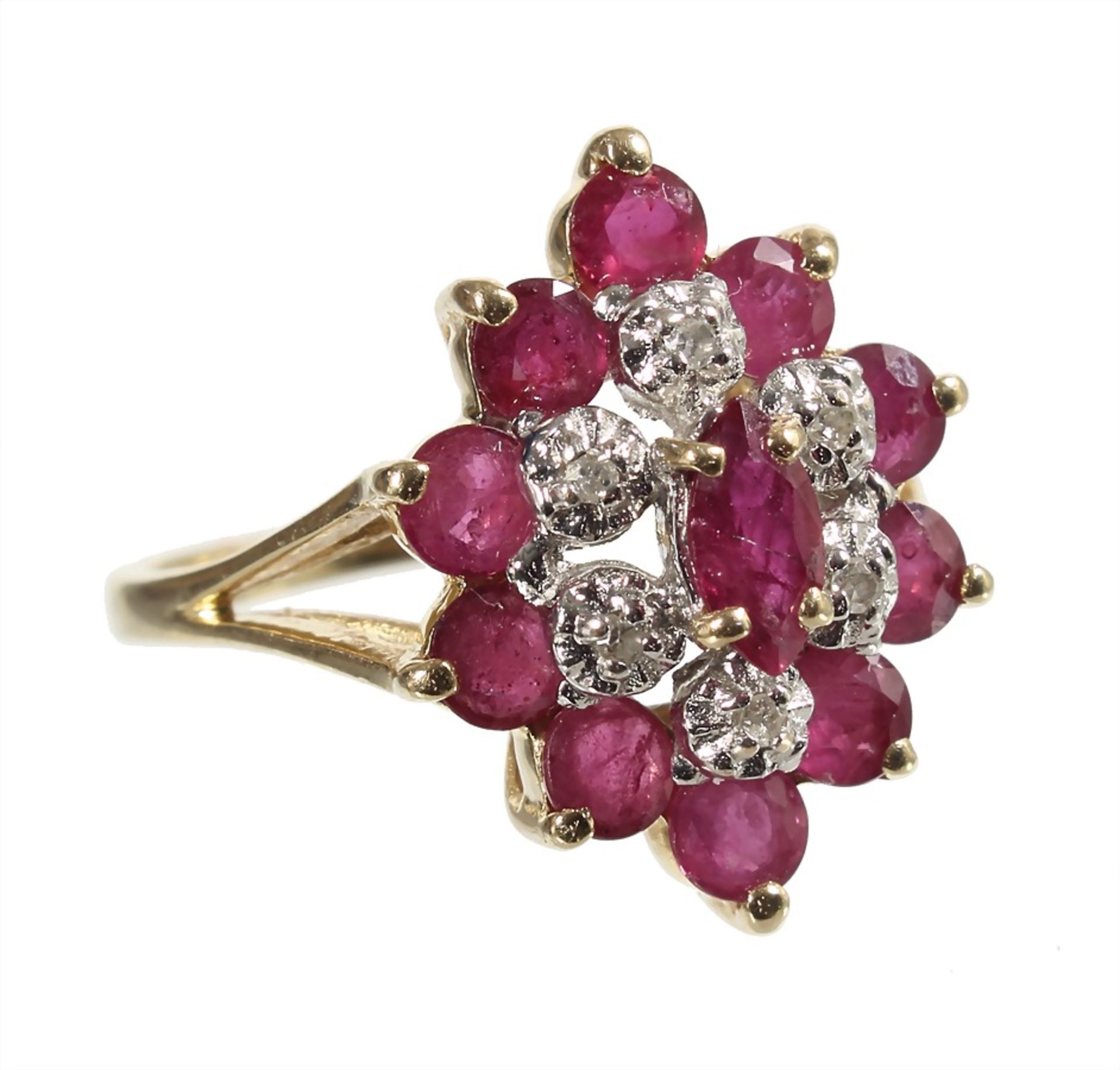 ring, yelow gold 585/000, 6 pieces 8/8 diamonds white, white set, 11 rubies (faceted), ring width c.