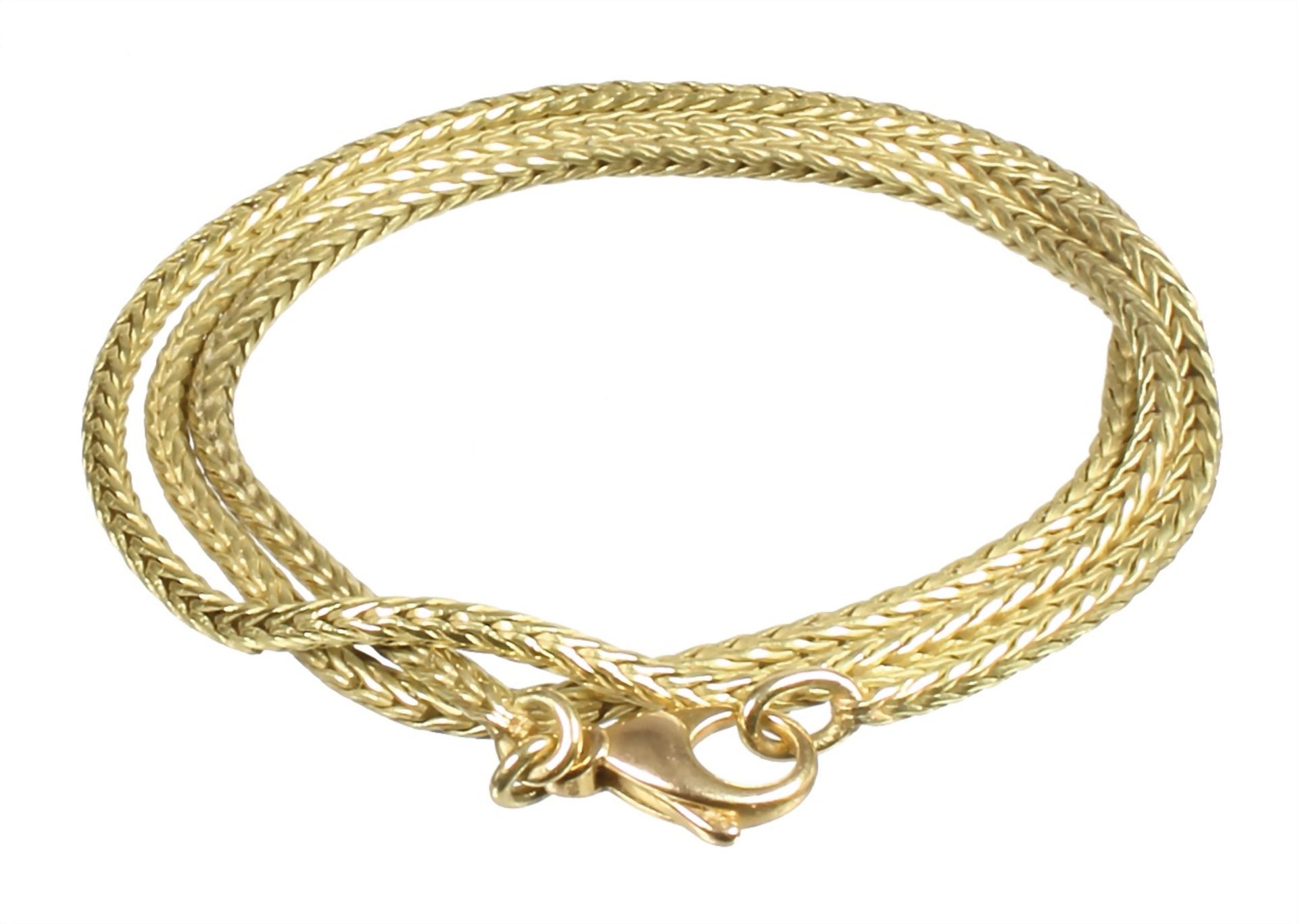 chain, yelow gold 750/000, foxtail chain (circular, diameter = 2.4 mm), with carabines, lenght =