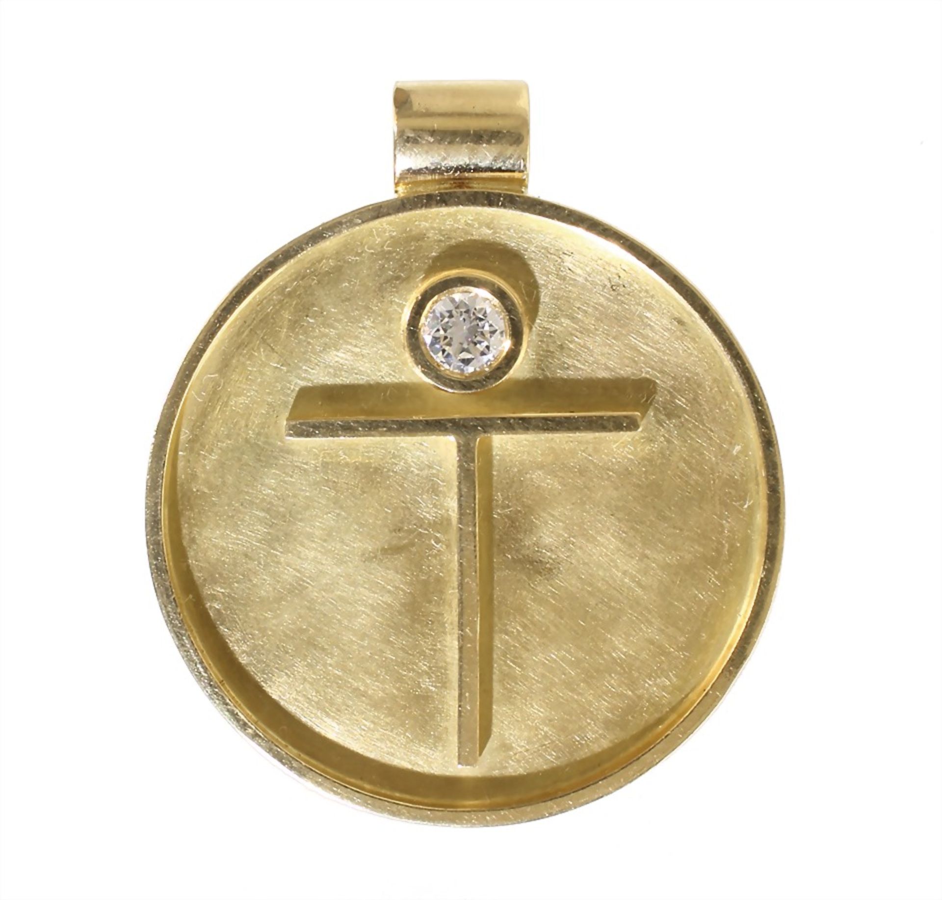 pendant "T", yelow gold 750/000, central brilliant c. 0.60 ct tw-vvsi, diameter = 39.8 mm, pierced