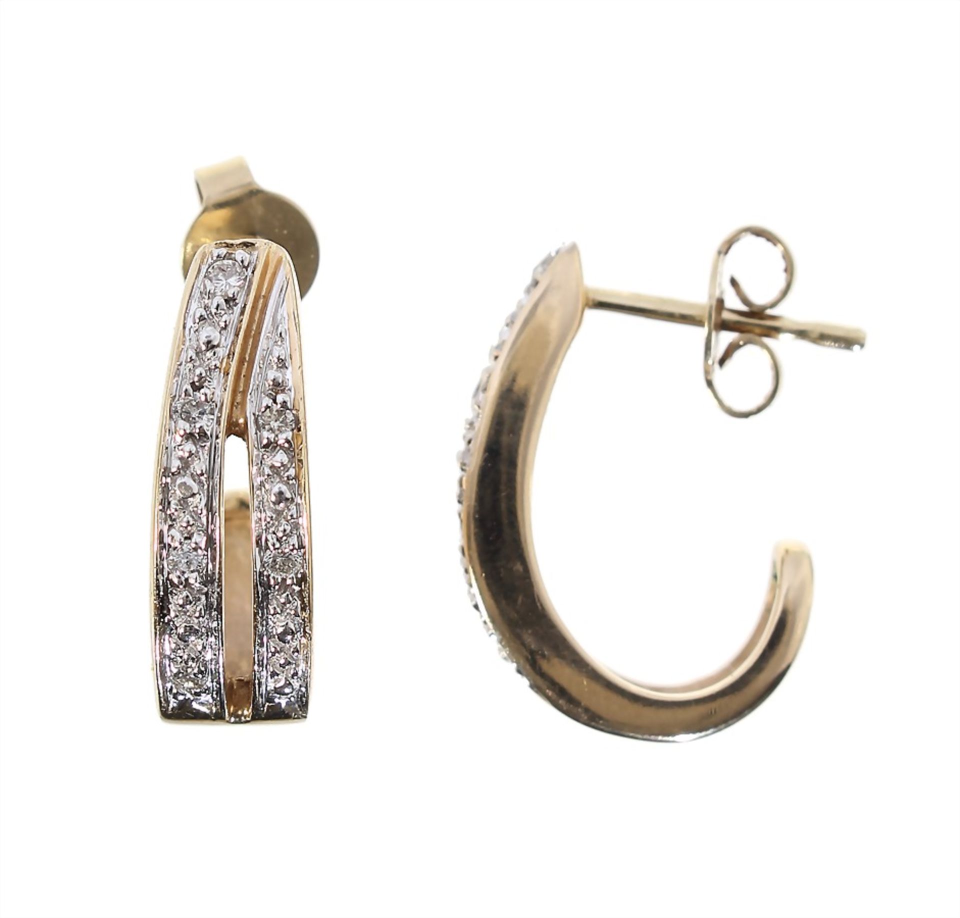 a pair of 3/4 hoop earrings, yelow gold 585/000, 12 brilliants c. 0.1 ct white (white set), height =