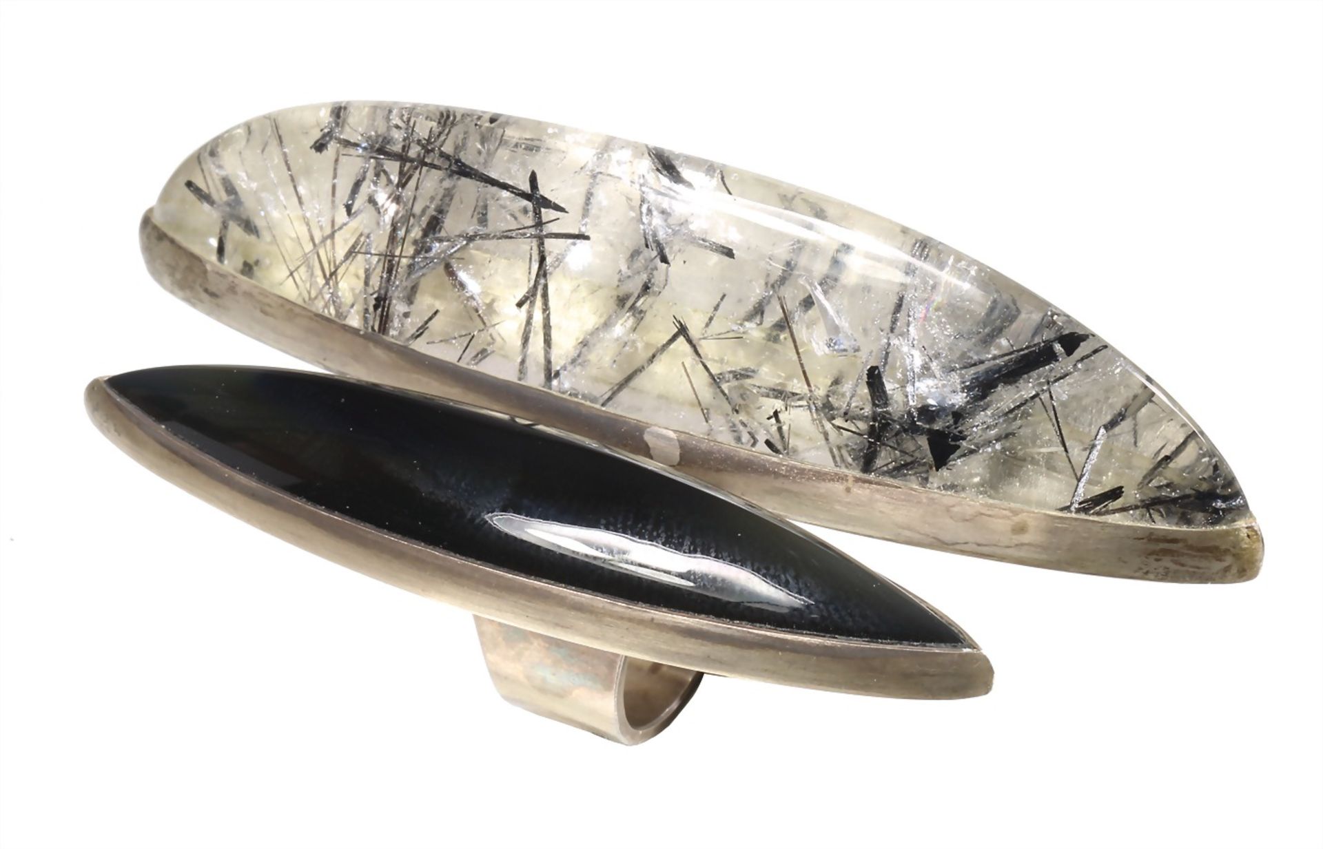 designer ring, silver 925/000, big quartz with rutile inclusions (black tourmaline needle