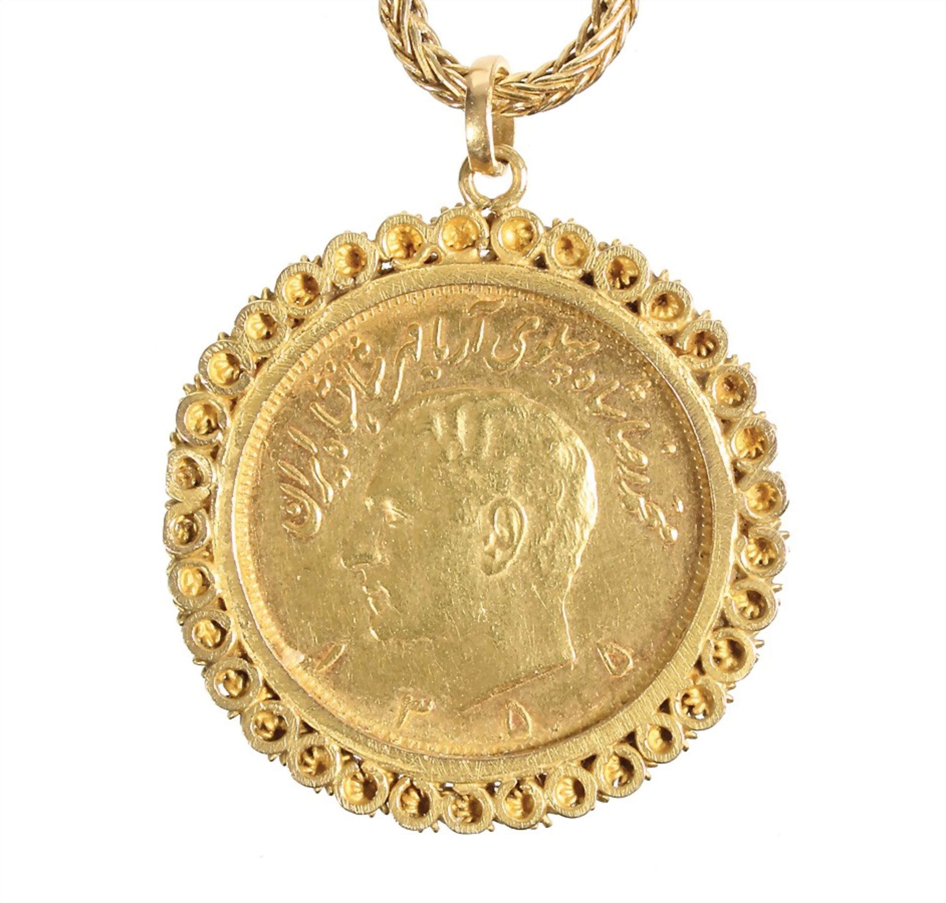 coin pendant, yelow gold 750/000, 2 1/2 Pahlavi Persia Iran, diameter = 37.1 mm, foxtail chain, - Bild 2 aus 2