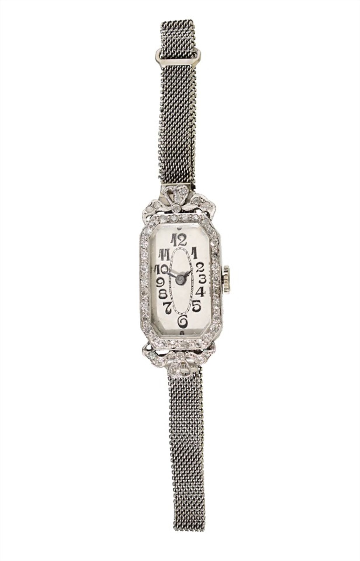 fine ladies watch, ART-DECO from the 1920s, platinum case, cream-colored clockface with Arabic