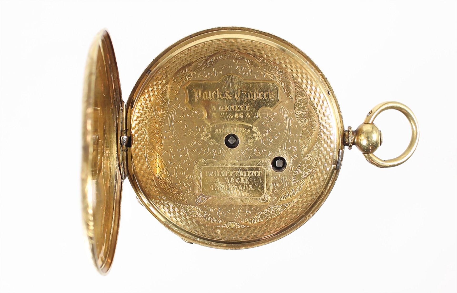 early rare fob watch with spring-cover, "PATEK & CZAPECK", Geneve before the 1850s ! yelow gold - Image 3 of 4