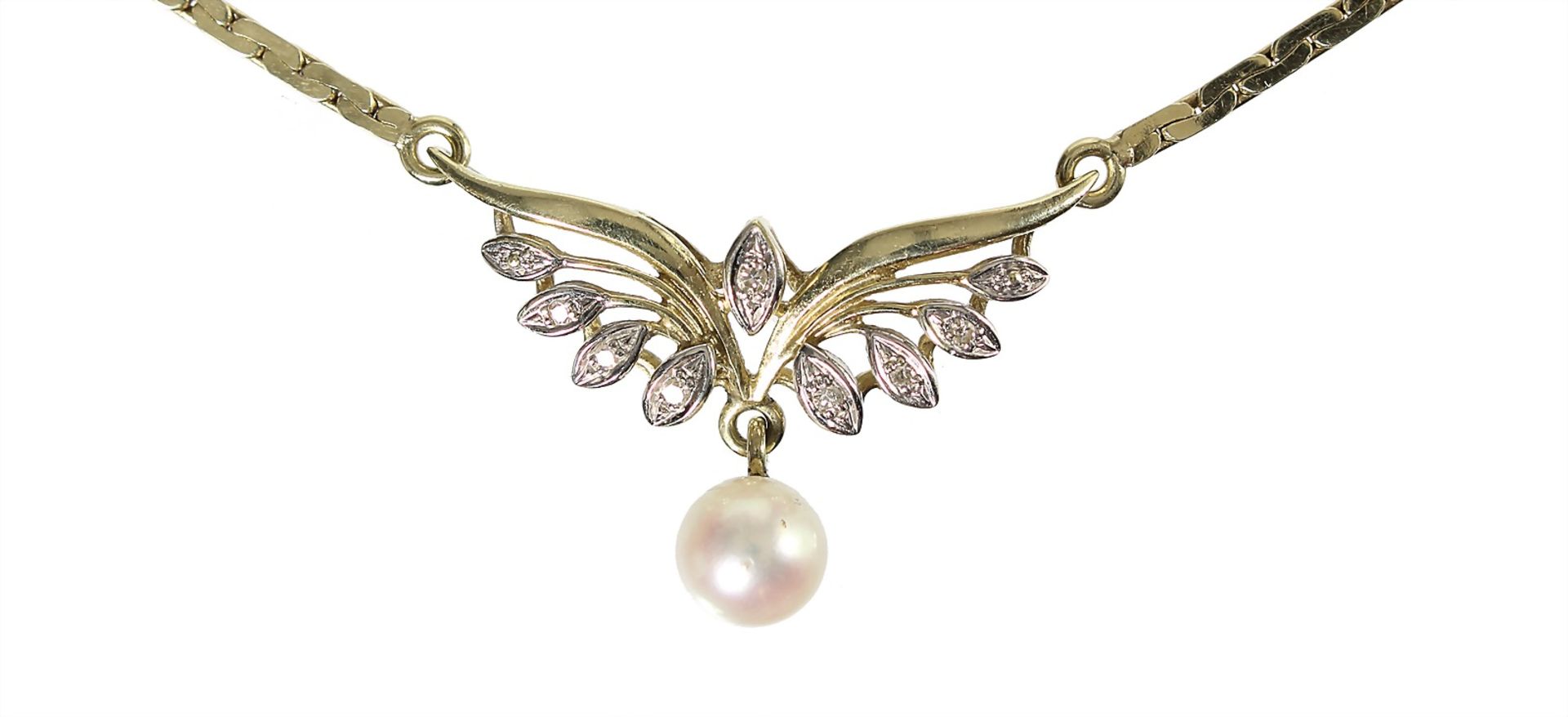 necklace, yelow gold 585/000, hanging Akoya pearl , 9 pieces octagonal diamonds white, small box