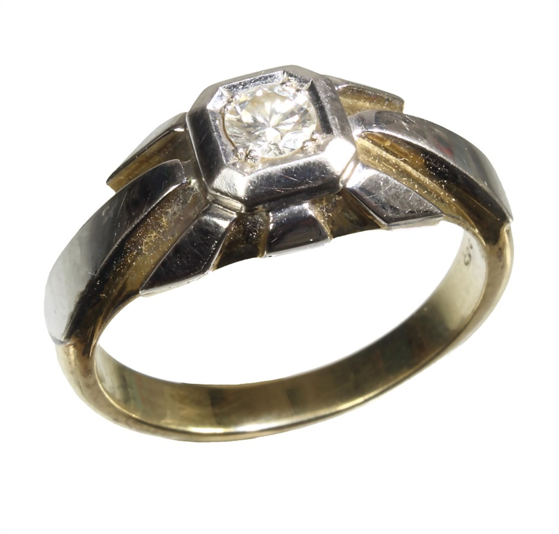 ring, yelow gold/white gold 585/000, 1 brilliant c. 0.32 ct tw-vvsi/if (flawless), ring width c.