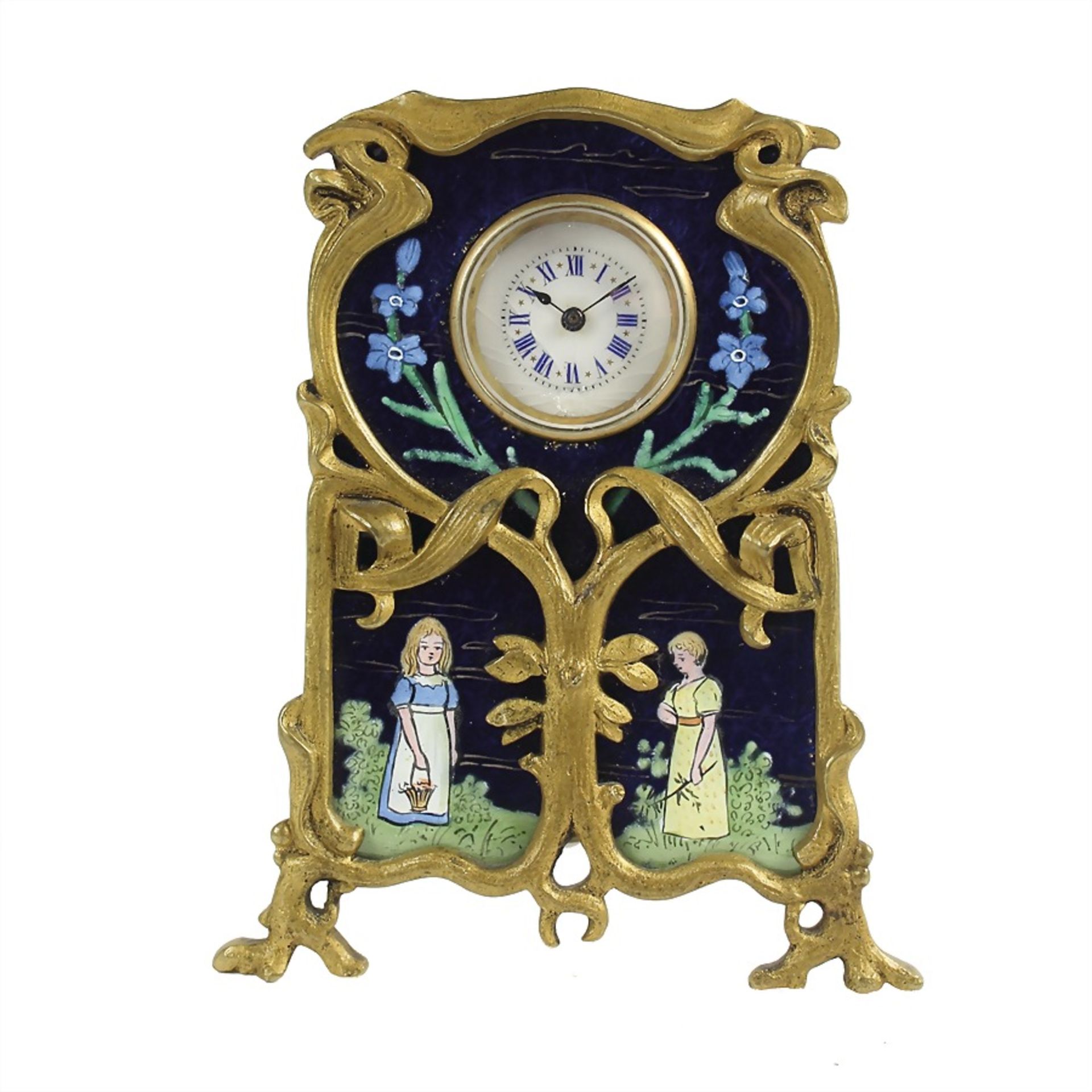 small table clock/grandfather clock, art nouveau around 1900, white, good preserved enamel