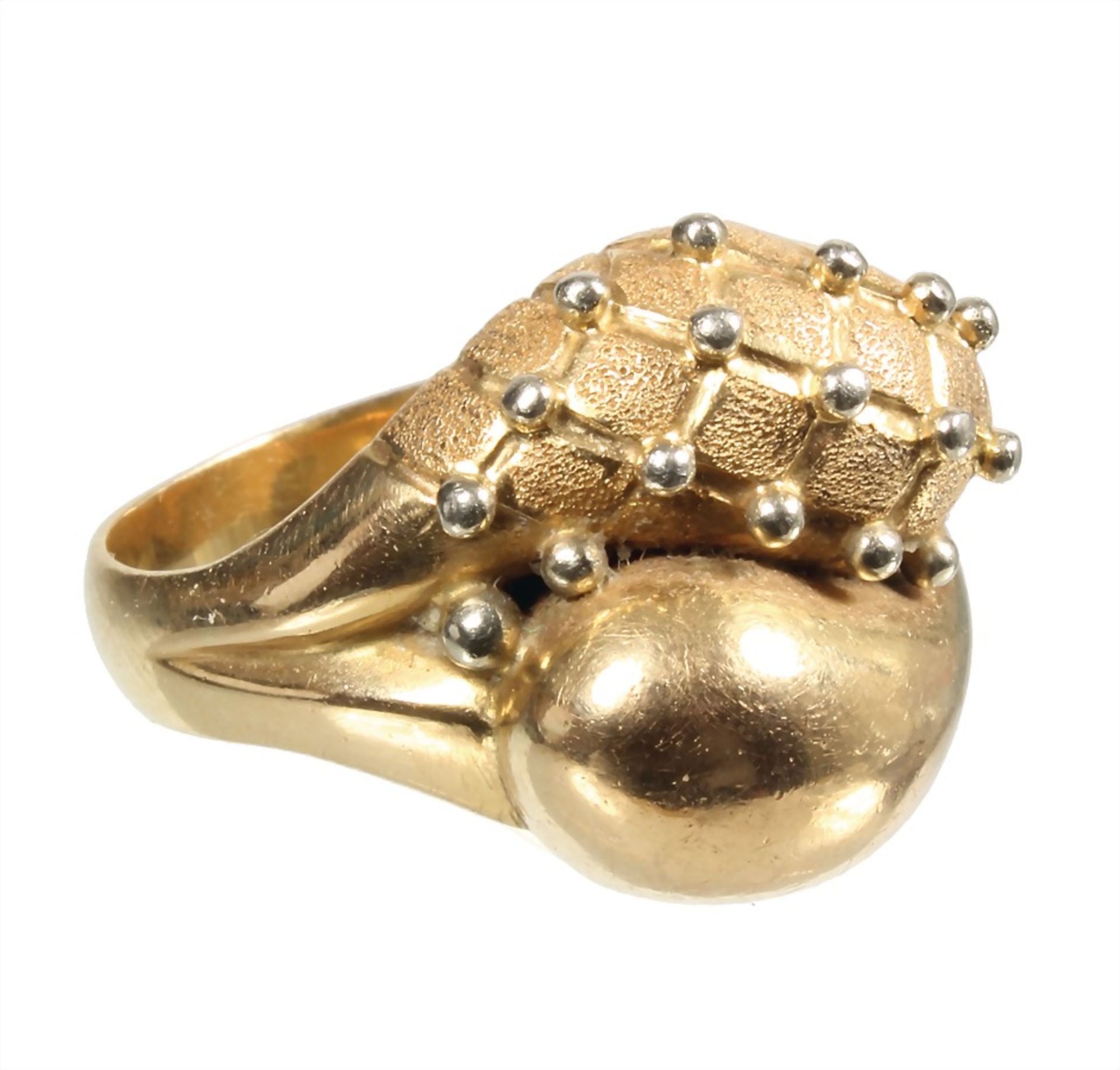 ring, yelow gold 750/000, stylized "YIN u. YANG" symbol, a smooth part and a decorated  part with