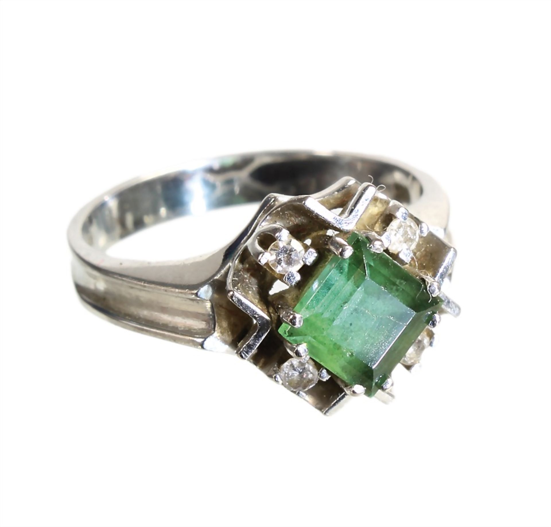 ring, white gold 585/000, tourmaline with carré cut c. 1.2 ct, 4 diamonds white, ring width c.