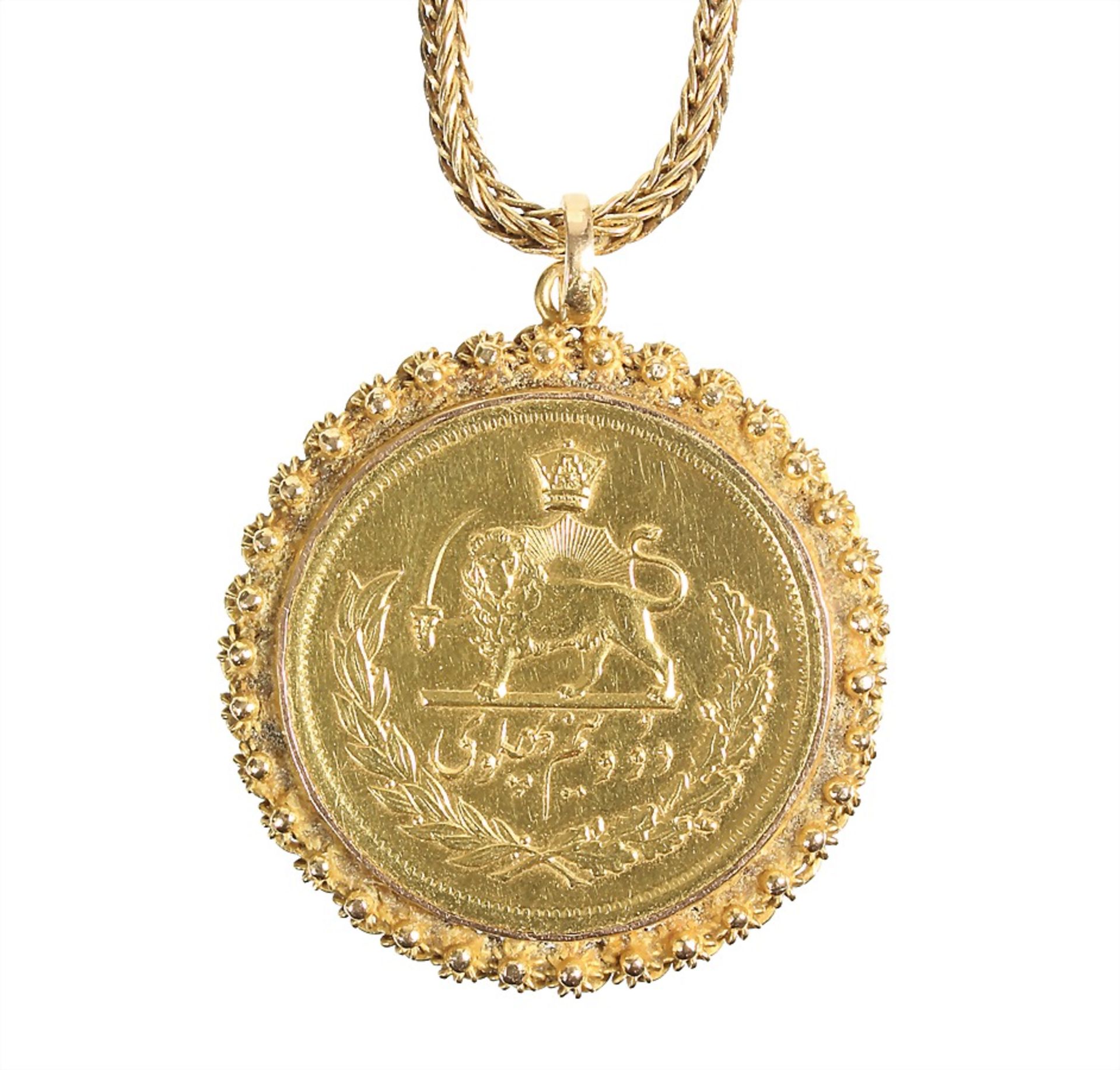 coin pendant, yelow gold 750/000, 2 1/2 Pahlavi Persia Iran, diameter = 37.1 mm, foxtail chain,