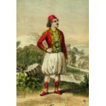 A 19th century colored lithograph of a Greek Sailor from Hydra with the view of Parthenon