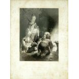 Three Turkish soldiers gathered round a fire in the dark, smoking pipes. Lithograph