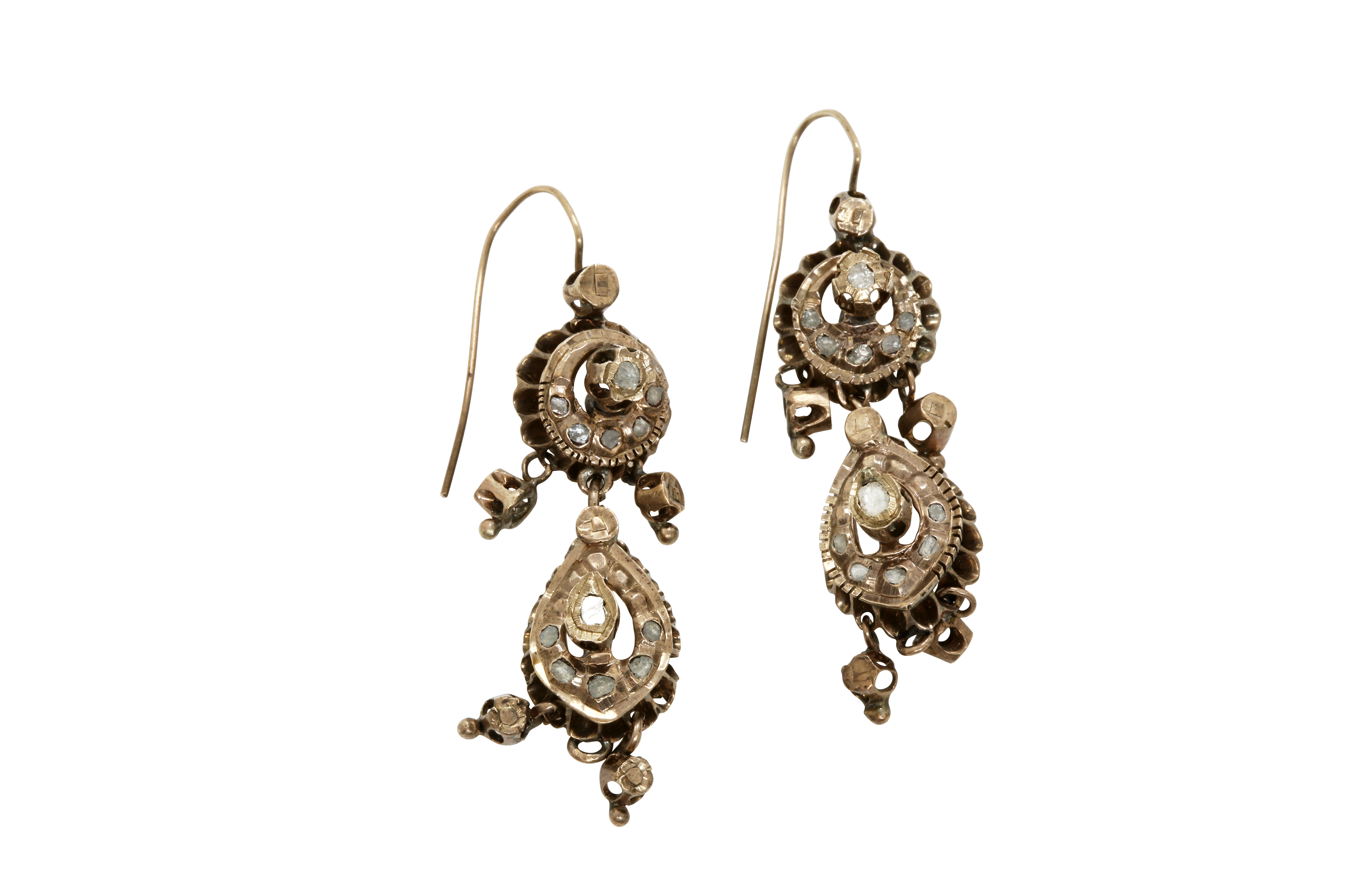 A pair of late 19th century Constantinople gold earrings with diamonds. Approx: 11 gr