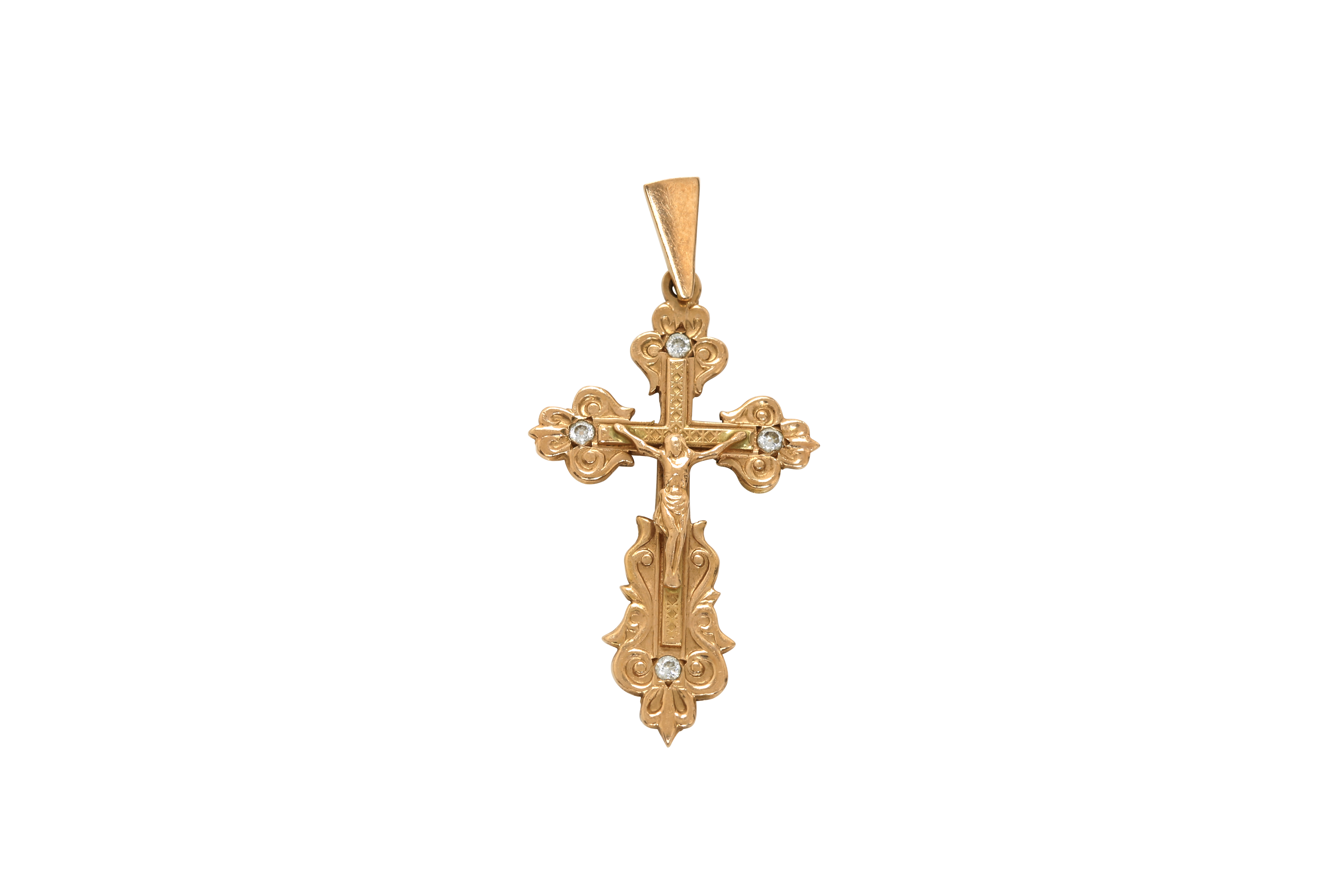 An early 20th century gold Russian Orthodox Cross with 4 diamonds. Inscribed on the verso in Russian