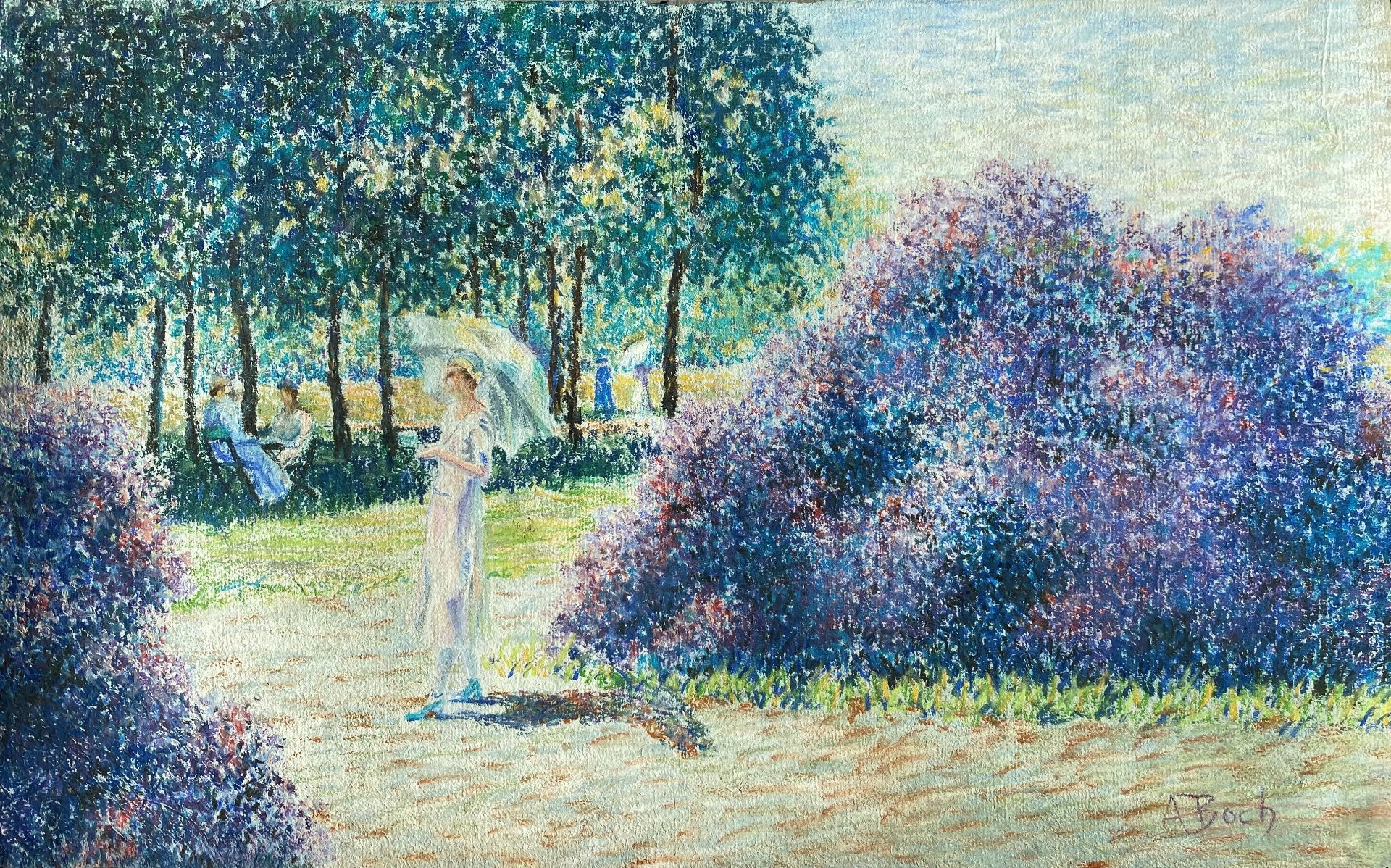 Anna BOCH (1848-1936) , école belge - Jeunes femmes dans un parc - Pastel sur [...]