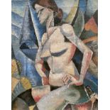 ECOLE MODERNE RUSSE - Femme nue, mains sur les hanches - Huile sur toile, porte une [...]