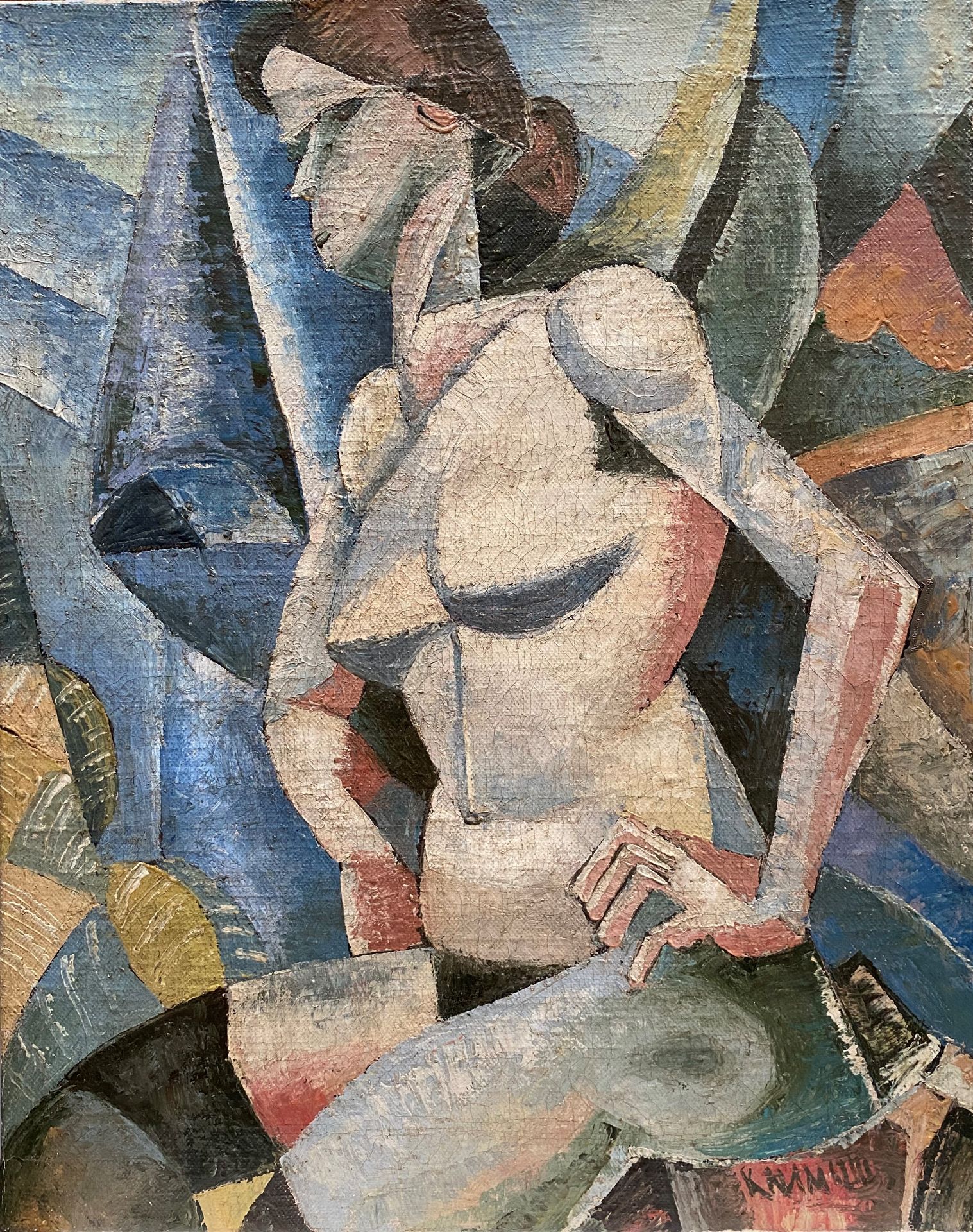 ECOLE MODERNE RUSSE - Femme nue, mains sur les hanches - Huile sur toile, porte une [...]