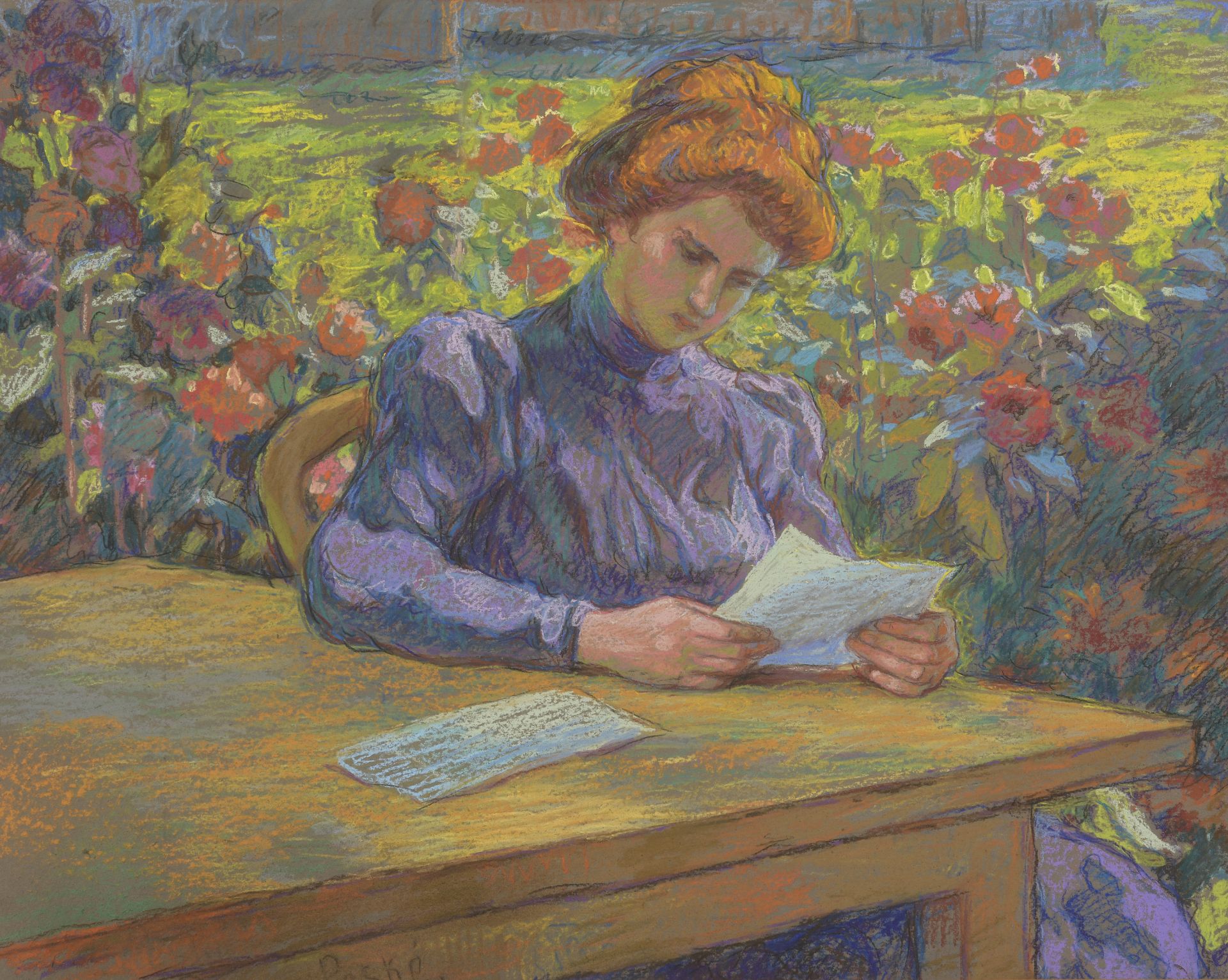 Jean PESKÉ (1870-1949) - Femme à la lecture dans un jardin - Pastel sur carton, [...]