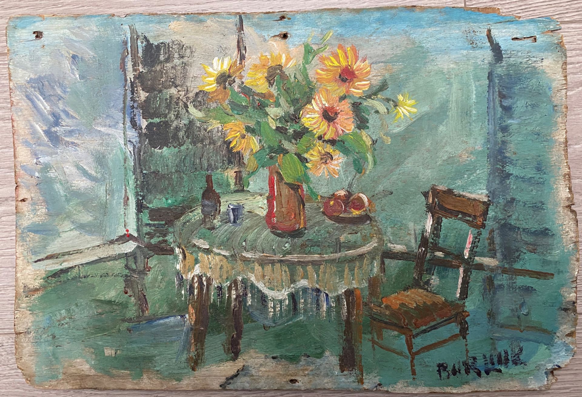 David BURLIUK (1882-1967) - Vase de tournesols dans un intérieur - Huile sur [...]